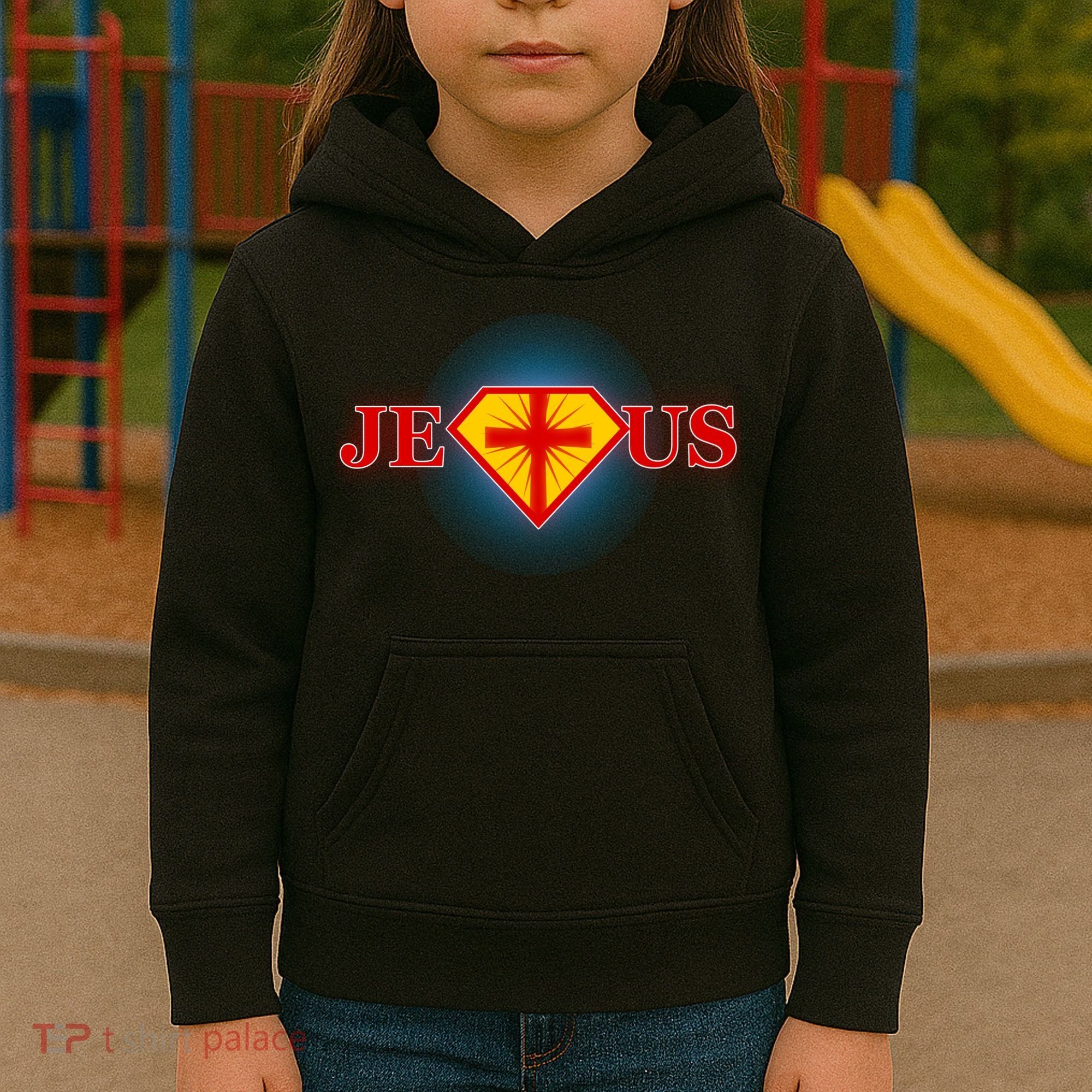 Super Jesus Superhero Comic Logo Kids Hoodie