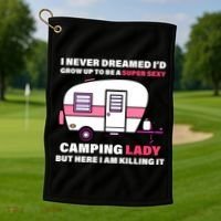 Super Sexy Camping Lady Killing It Golf Towel thumb 1