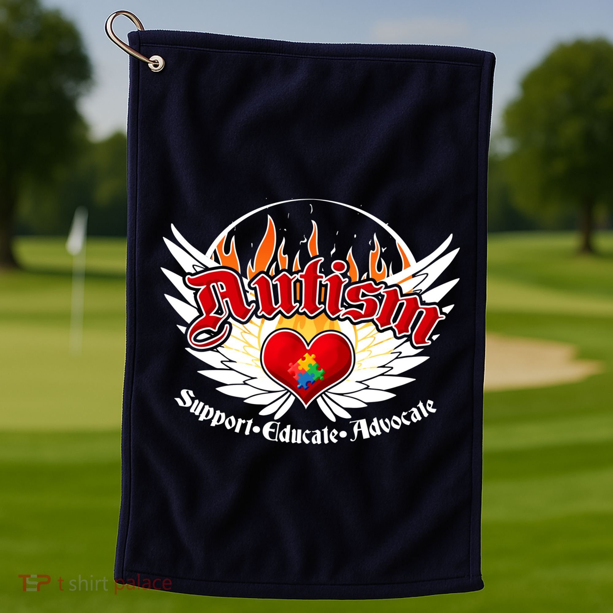 Support Educate Advocate - Autism Flames Golf Towel