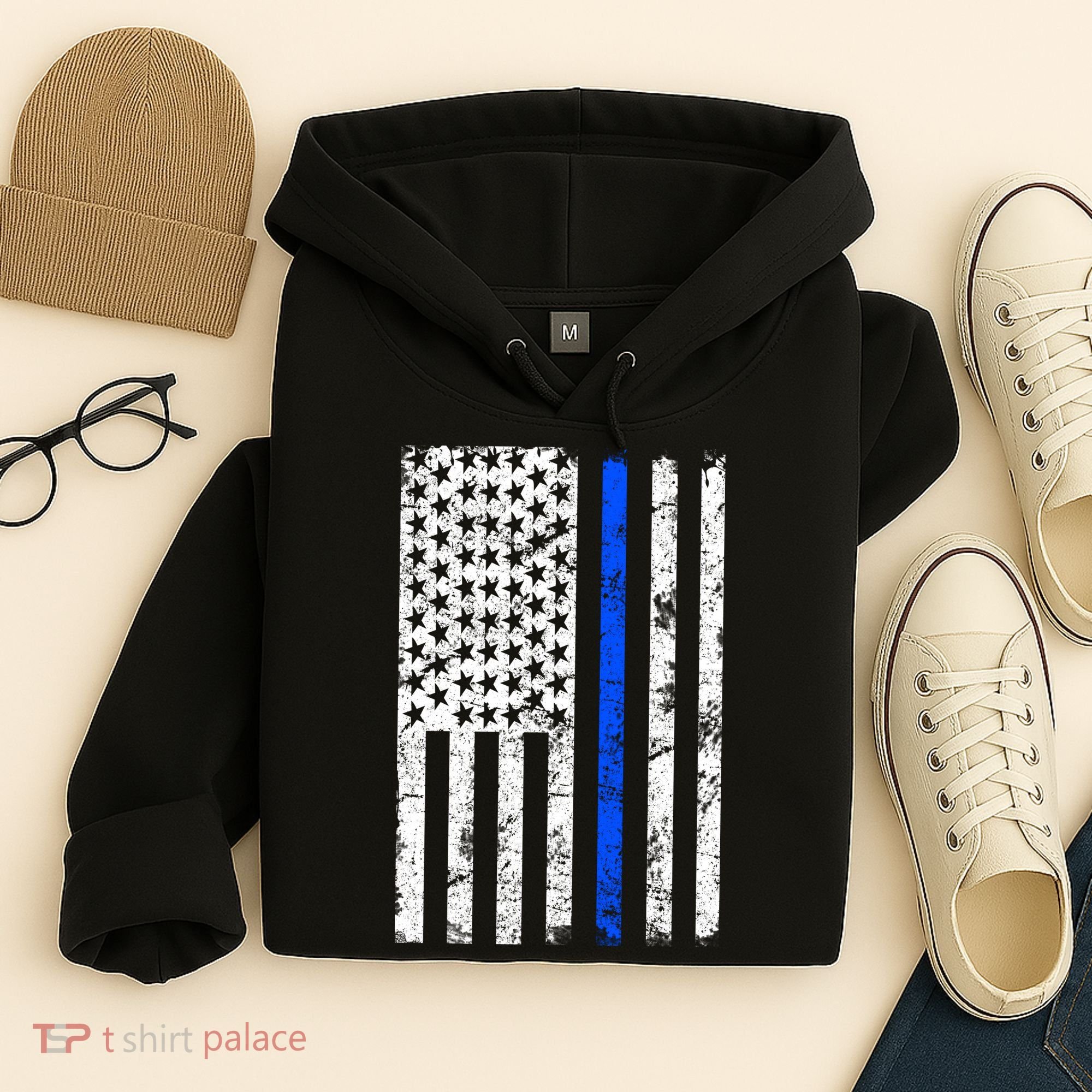 Support Police Blue Thin Line American Flag Hoodie