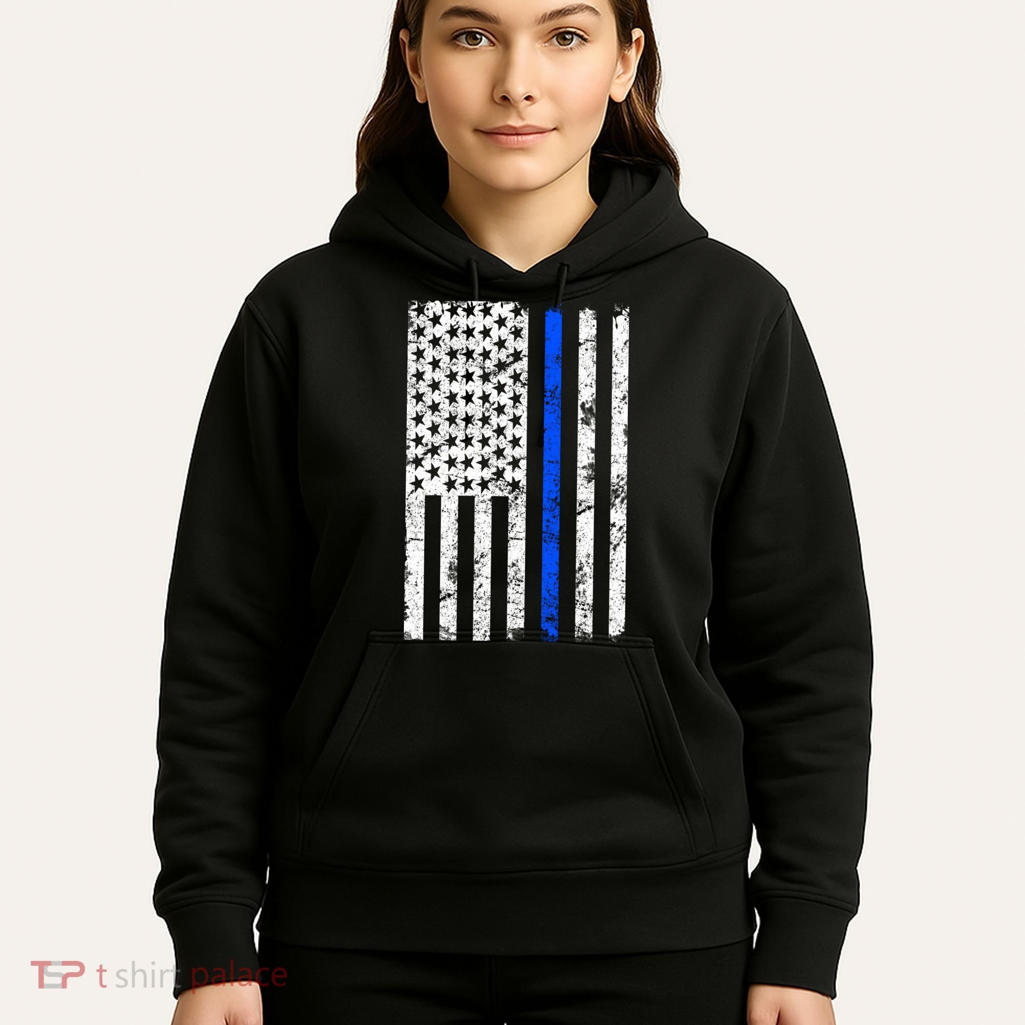 Support Police Blue Thin Line American Flag Hoodie