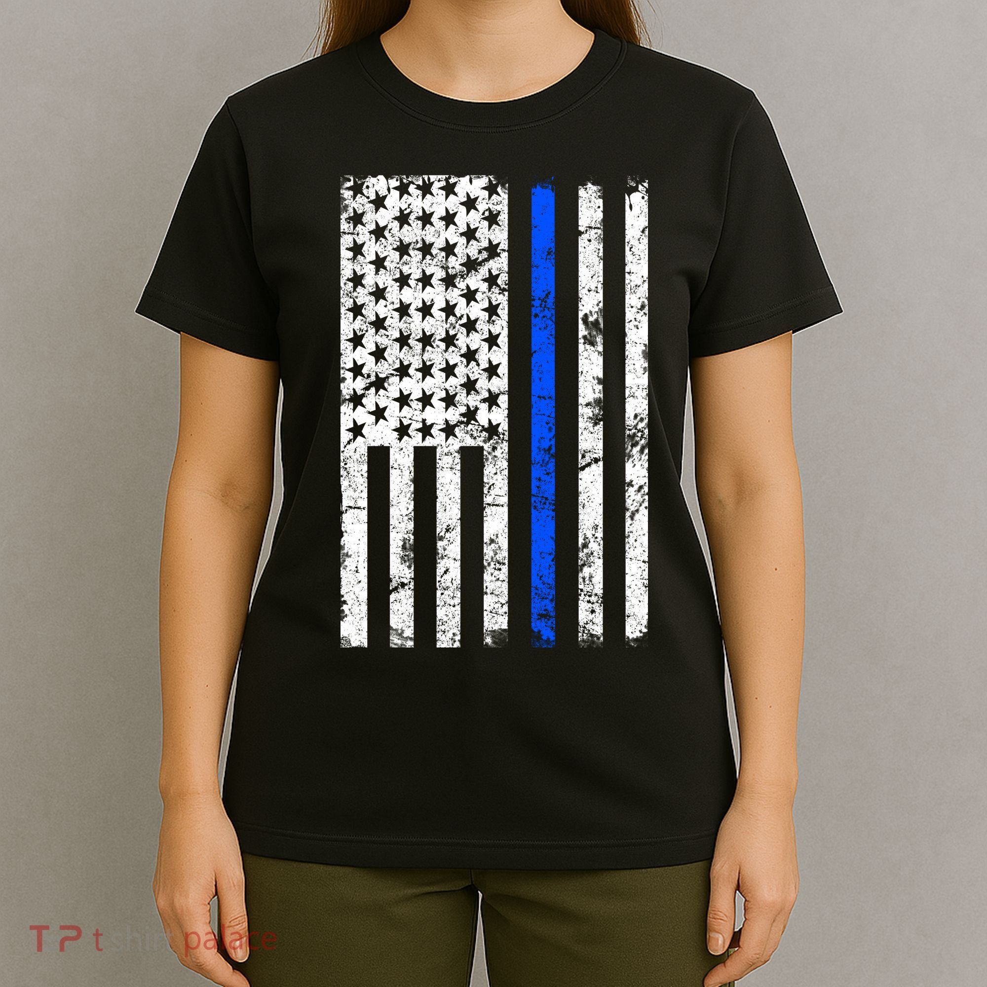 Support Police Blue Thin Line American Flag T-Shirt