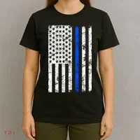 Support Police Blue Thin Line American Flag T-Shirt thumb 4