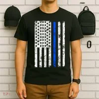 Support Police Blue Thin Line American Flag T-Shirt thumb 6