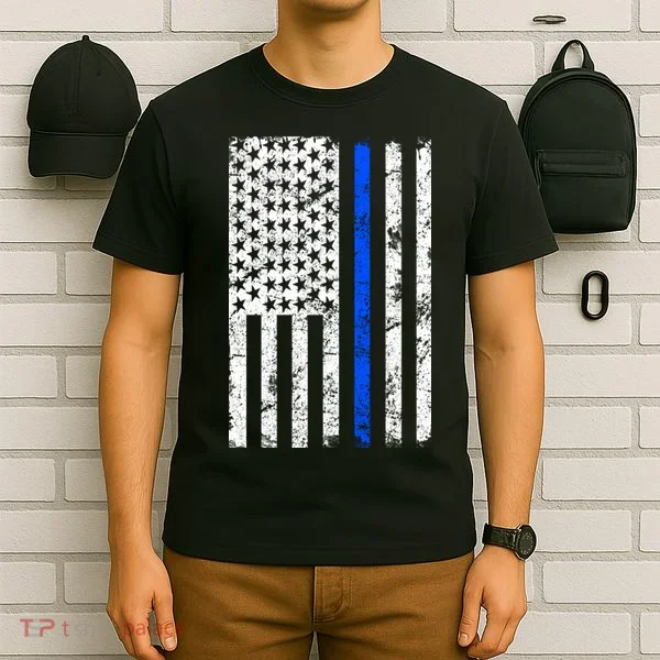 Support Police Blue Thin Line American Flag T-Shirt