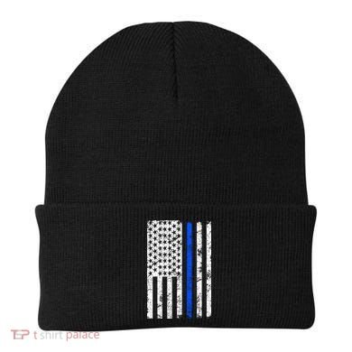 Support Police Blue Thin Line American Flag Beanie