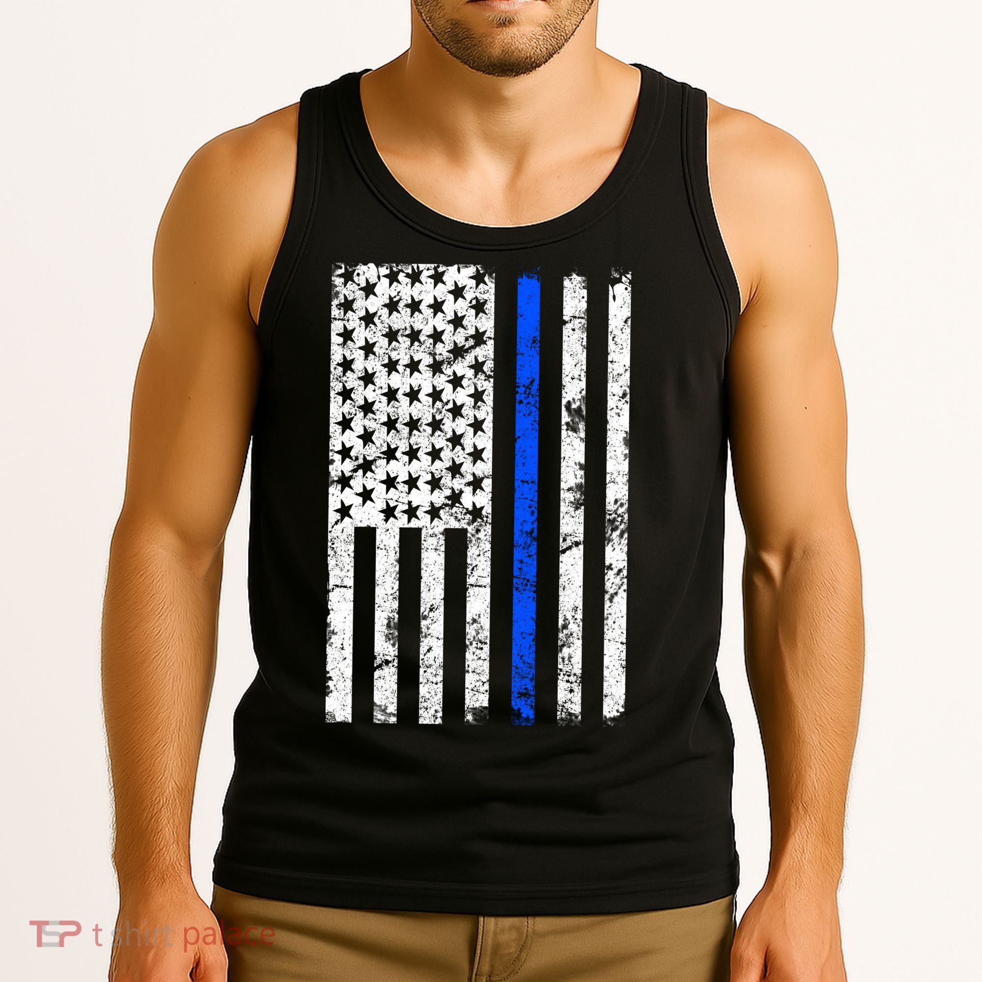 Support Police Blue Thin Line American Flag Tank Top