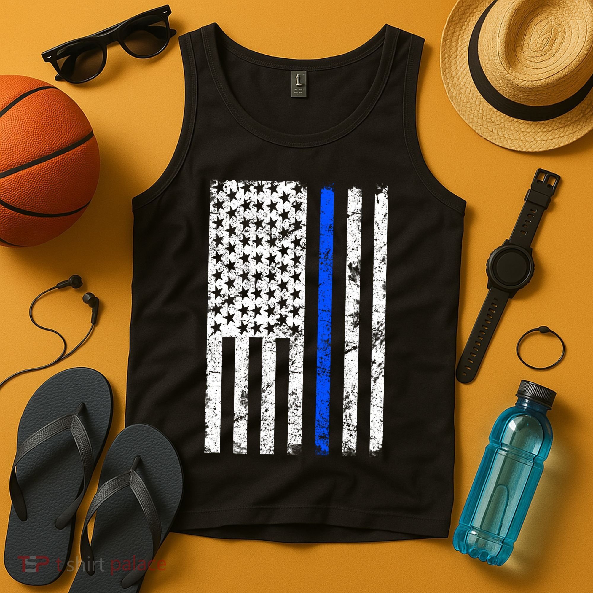 Support Police Blue Thin Line American Flag Tank Top