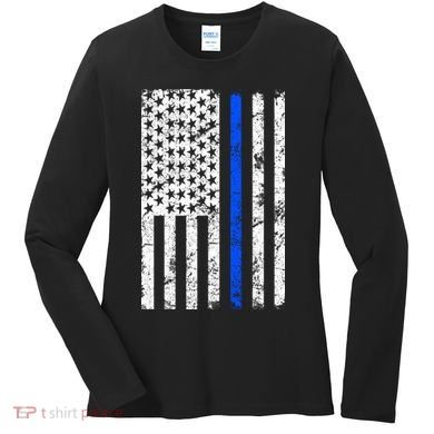 Support Police Blue Thin Line American Flag Women's Long Sleeve Shirt
