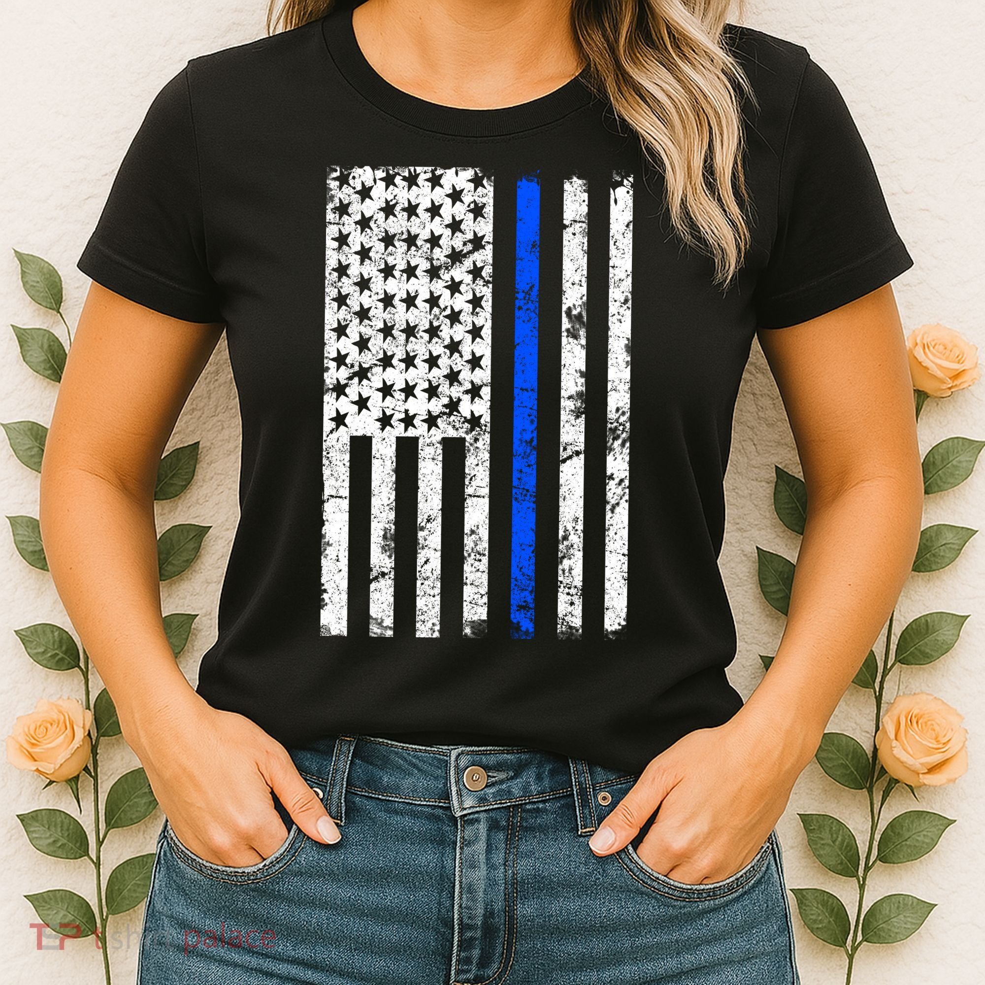 Support Police Blue Thin Line American Flag Women's T-Shirt