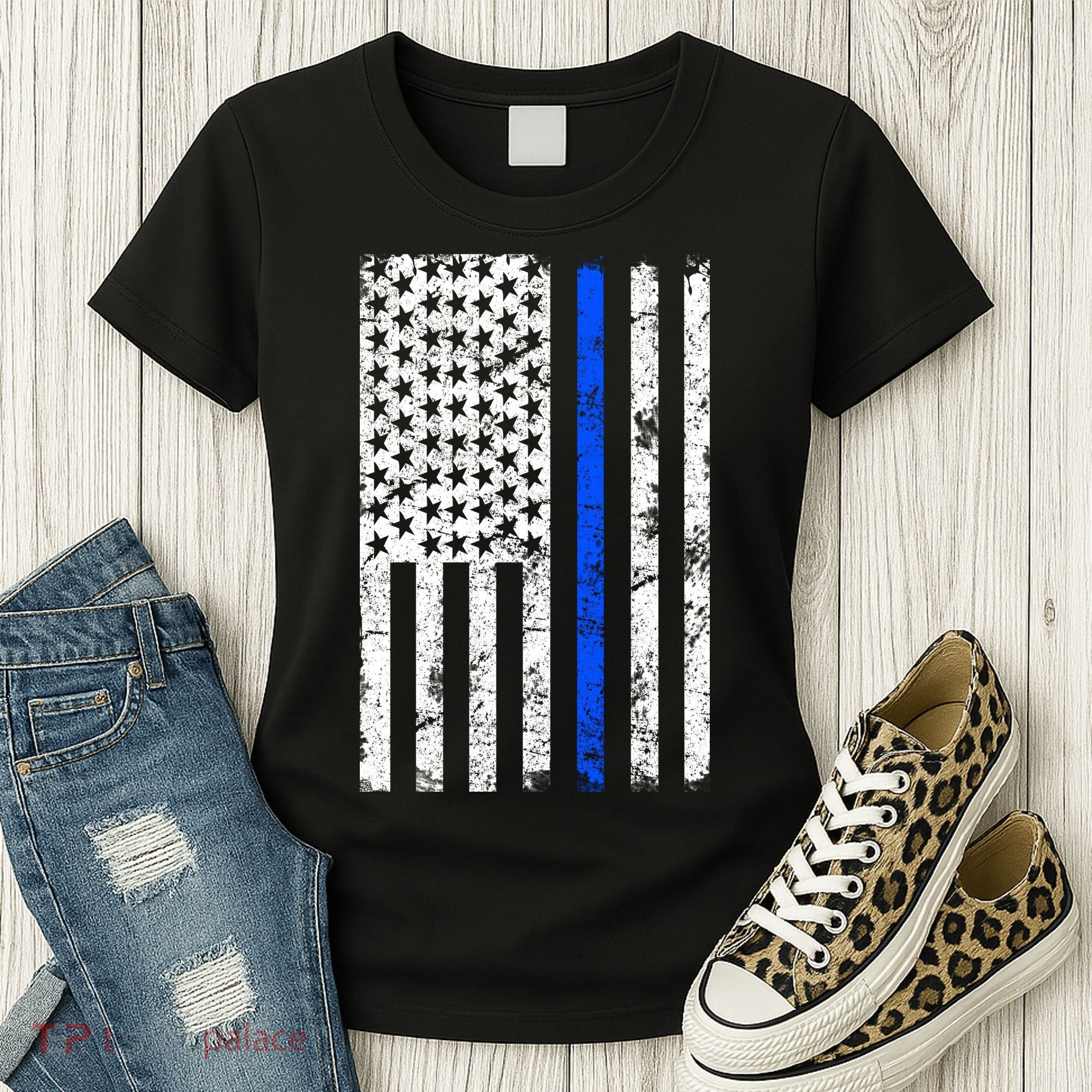 Support Police Blue Thin Line American Flag Women's T-Shirt