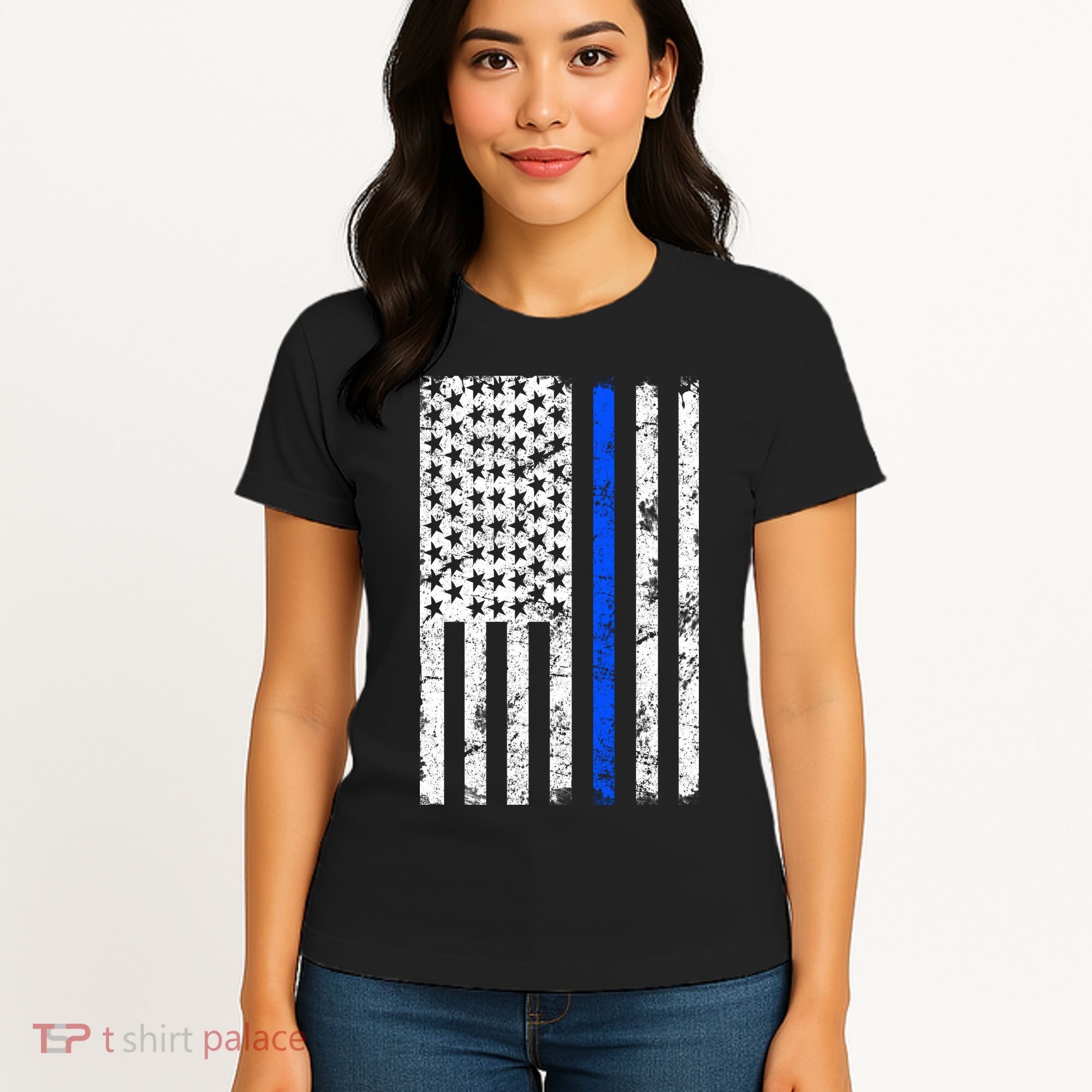 Support Police Blue Thin Line American Flag Women's T-Shirt