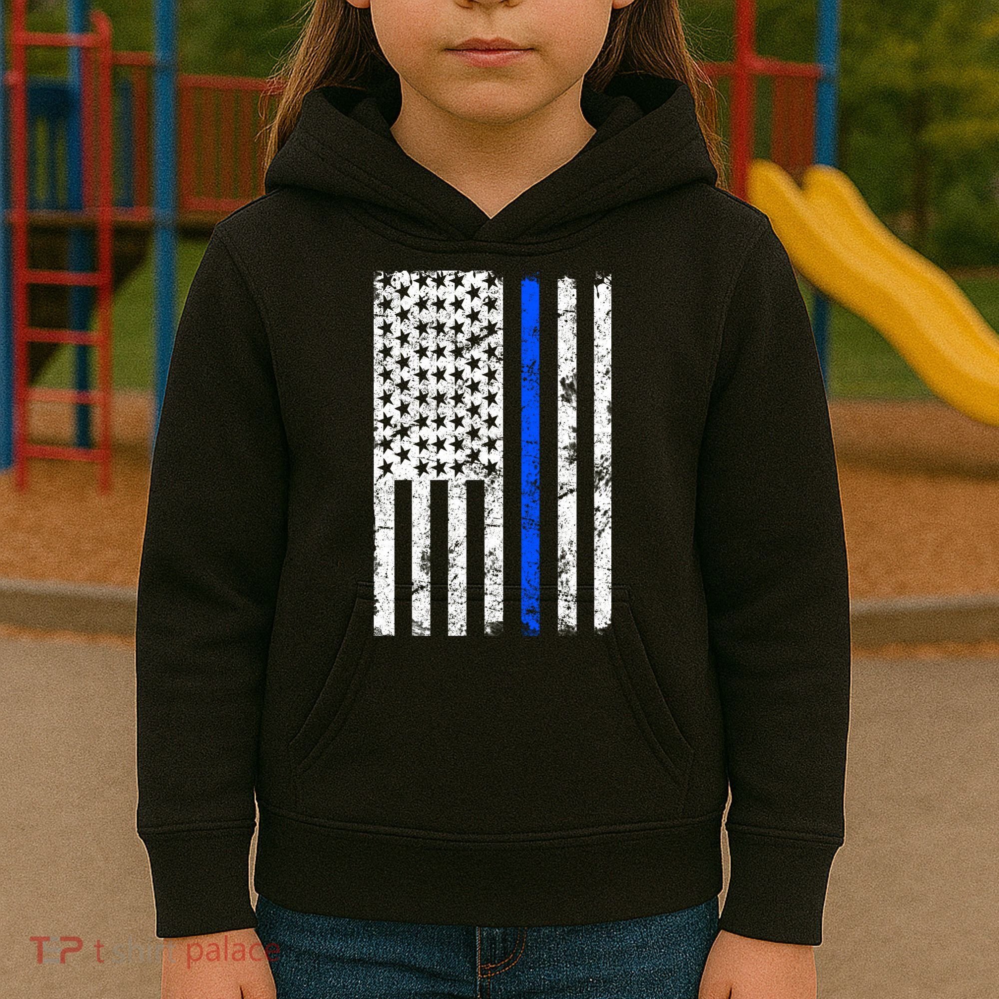 Support Police Blue Thin Line American Flag Kids Hoodie