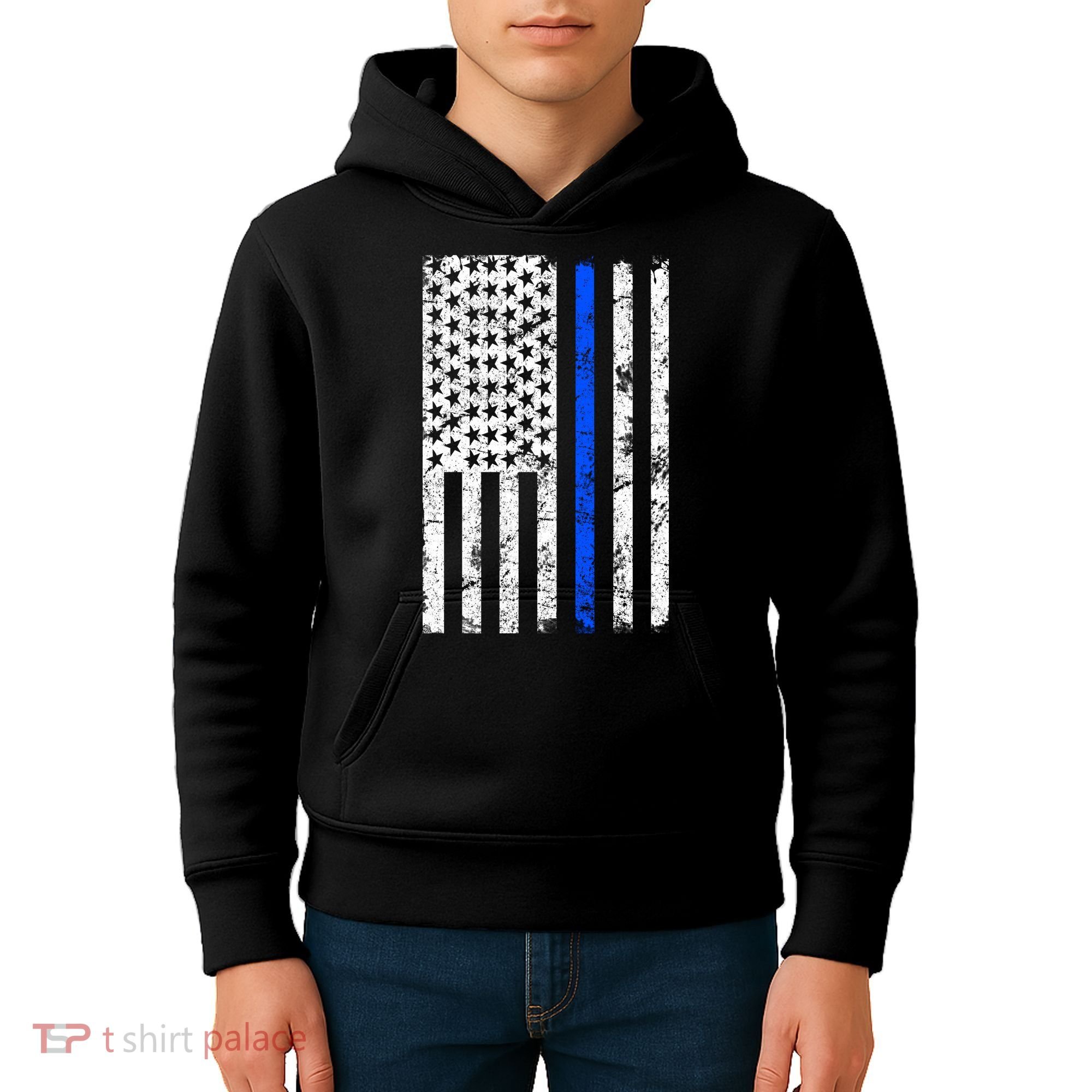 Support Police Blue Thin Line American Flag Kids Hoodie