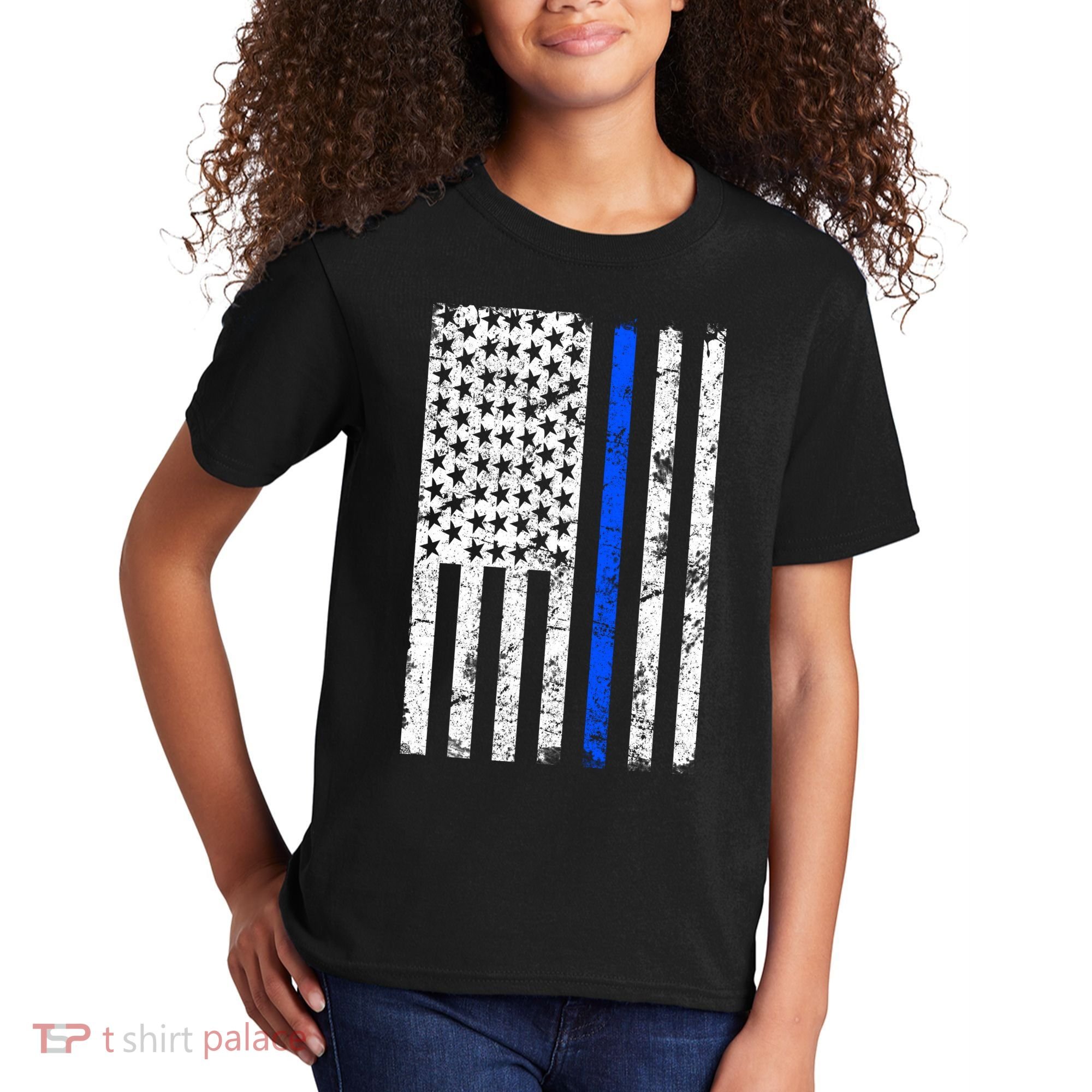 Support Police Blue Thin Line American Flag Kids T-Shirt