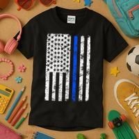 Support Police Blue Thin Line American Flag Kids T-Shirt thumb 3