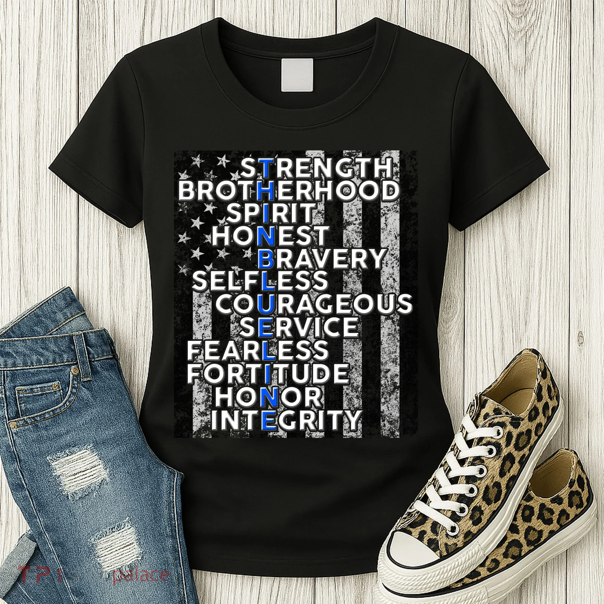 Support Police Thin Blue Line Distressed Flag Women's T-Shirt
