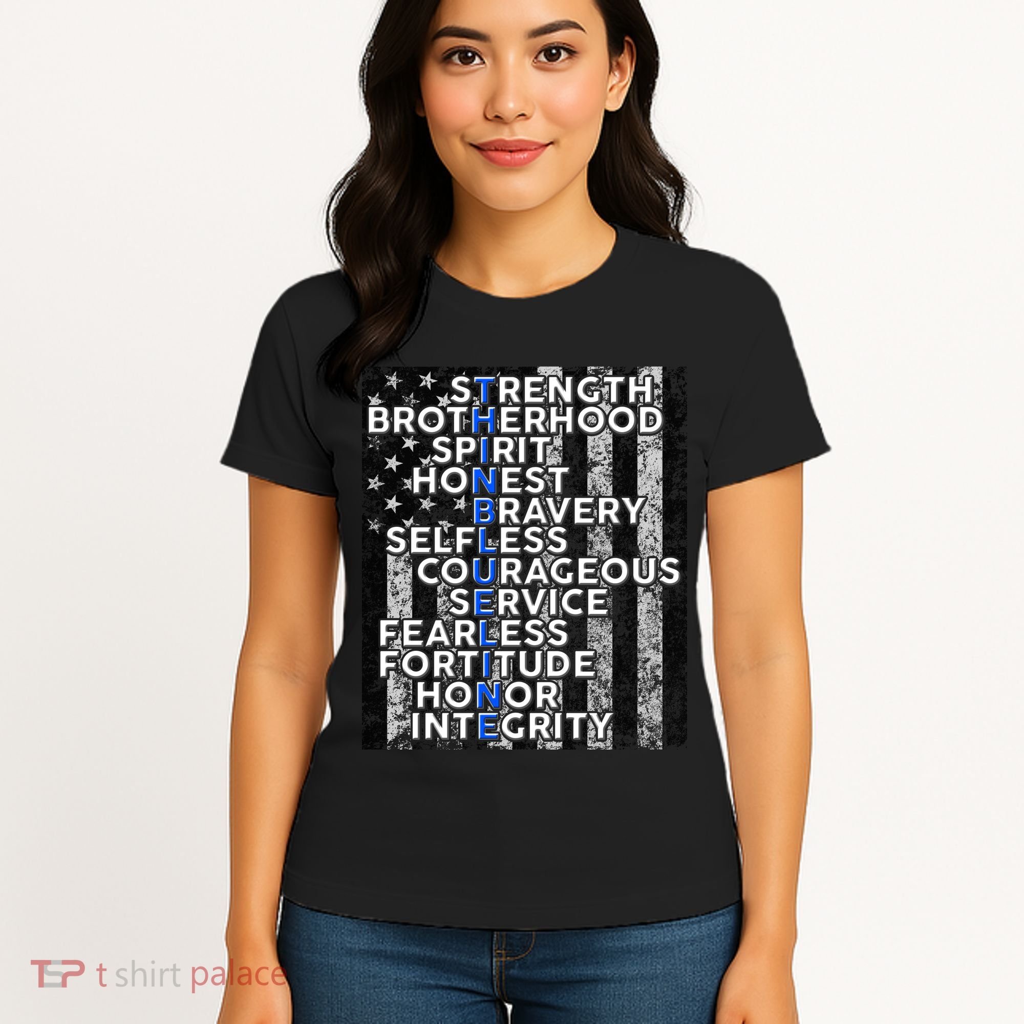 Support Police Thin Blue Line Distressed Flag Women's T-Shirt