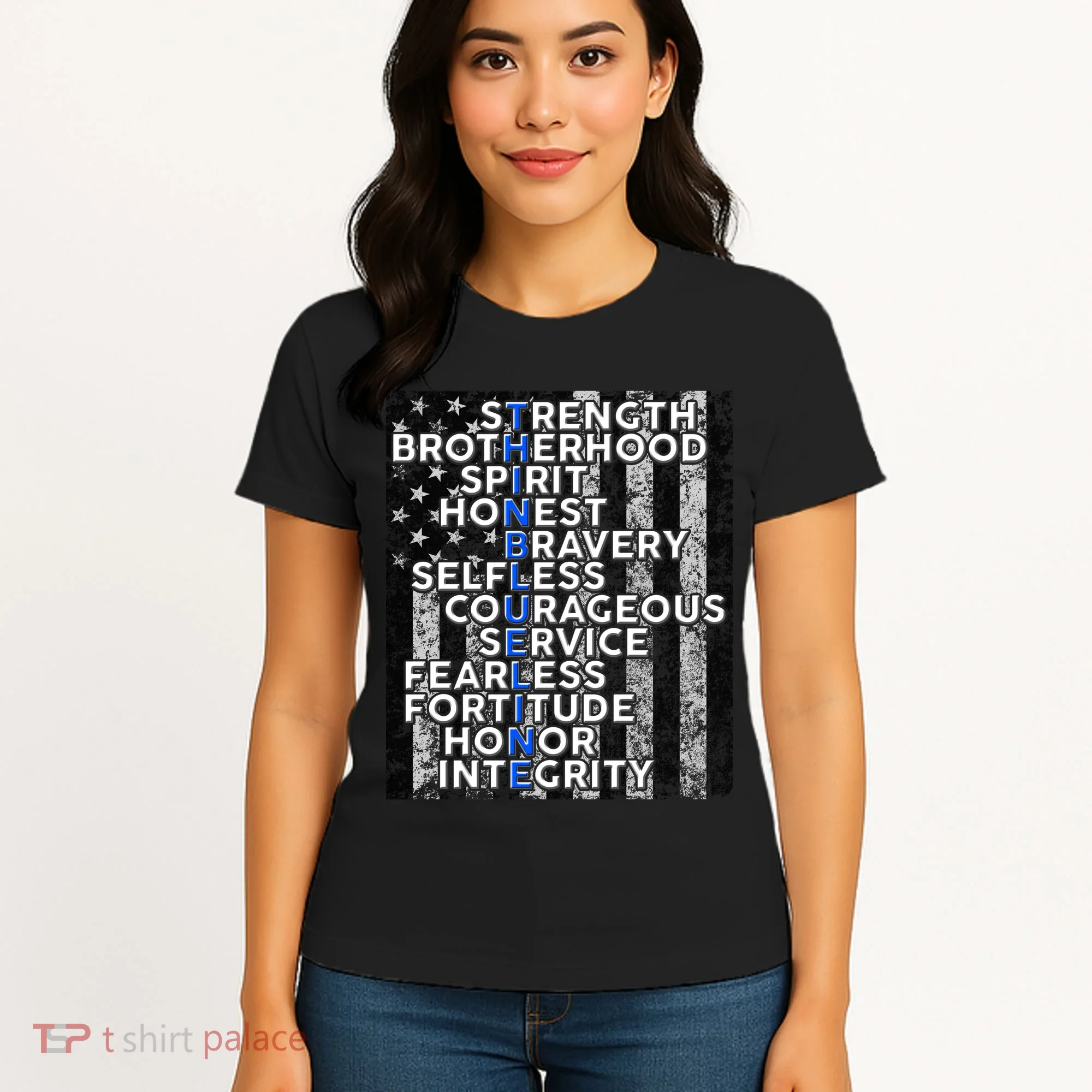 Support Police Thin Blue Line Distressed Flag Women's T-Shirt