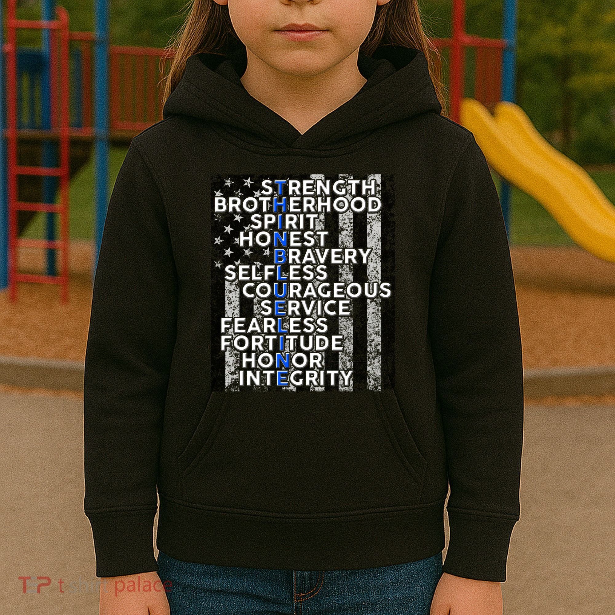 Support Police Thin Blue Line Distressed Flag Kids Hoodie