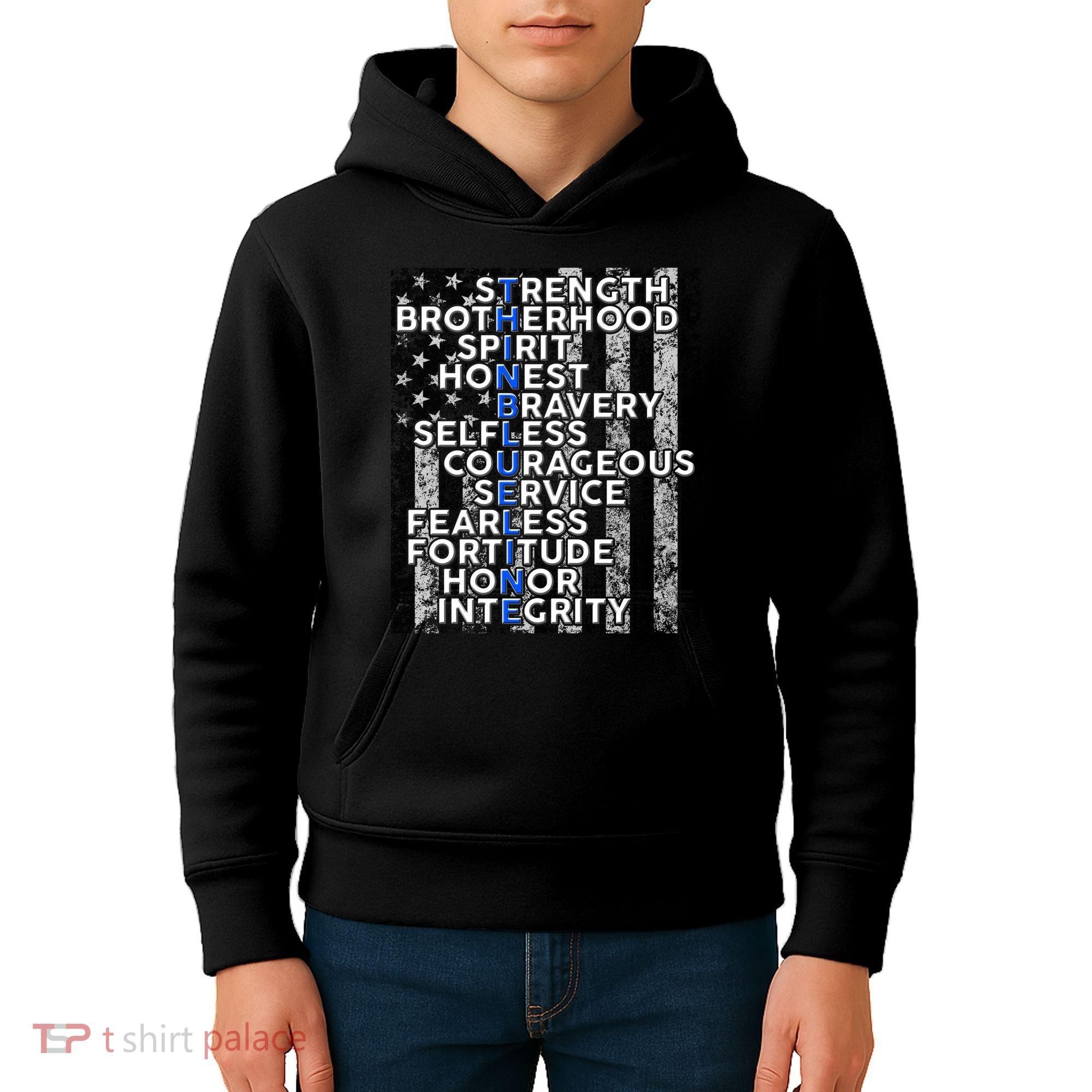 Support Police Thin Blue Line Distressed Flag Kids Hoodie