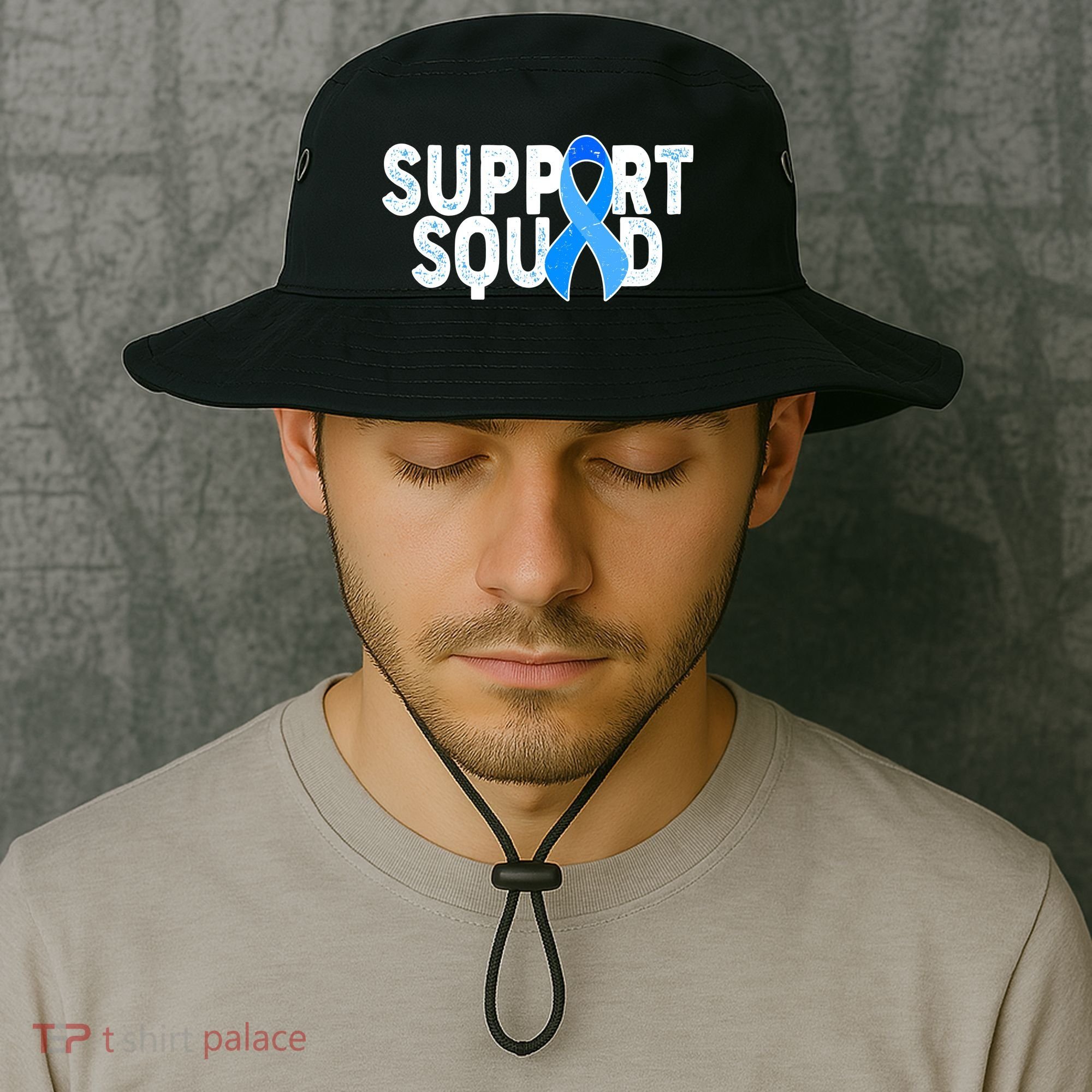 Support Squad Colon Cancer Awareness Blue Ribbon Bucket Hat