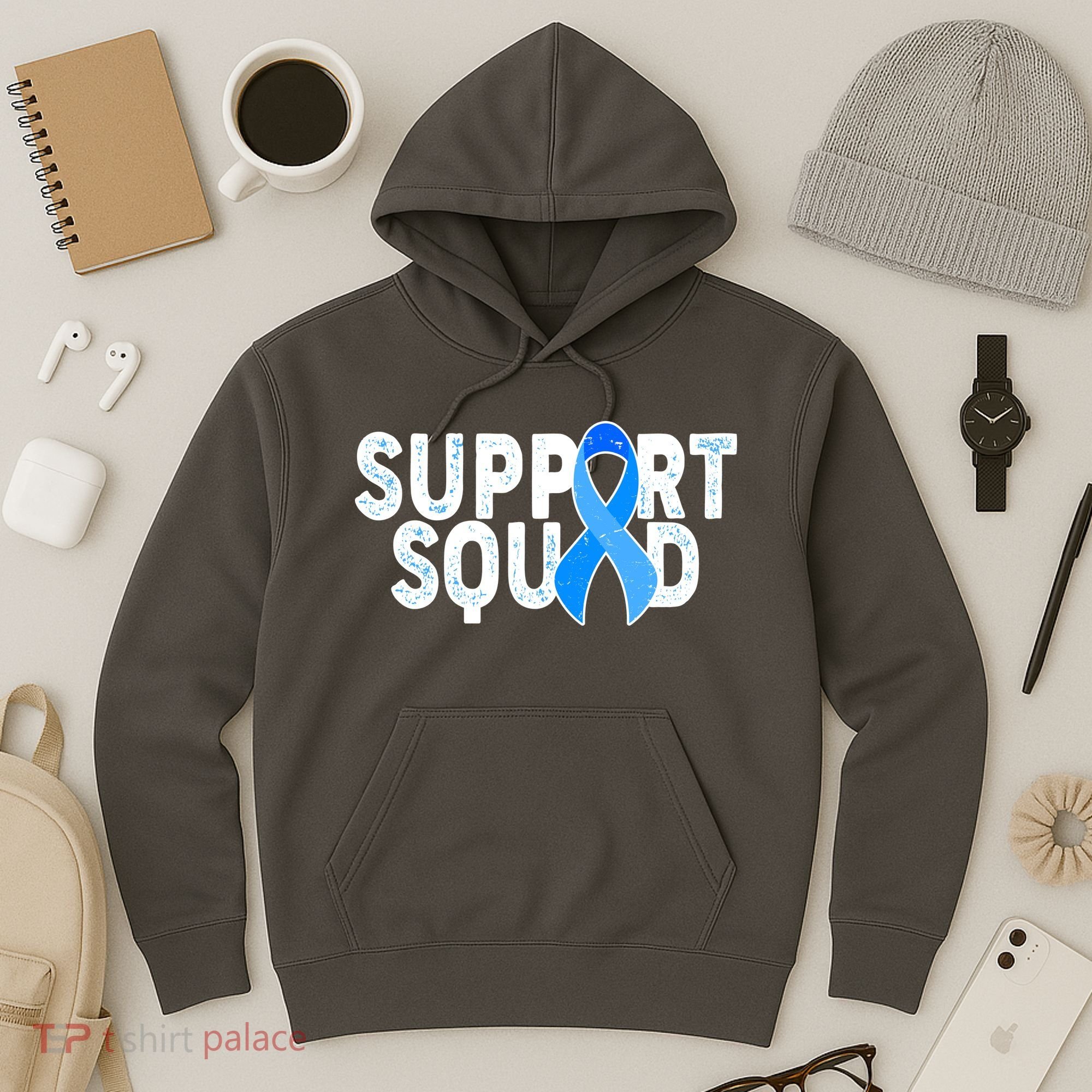 Support Squad Colon Cancer Awareness Blue Ribbon Hoodie