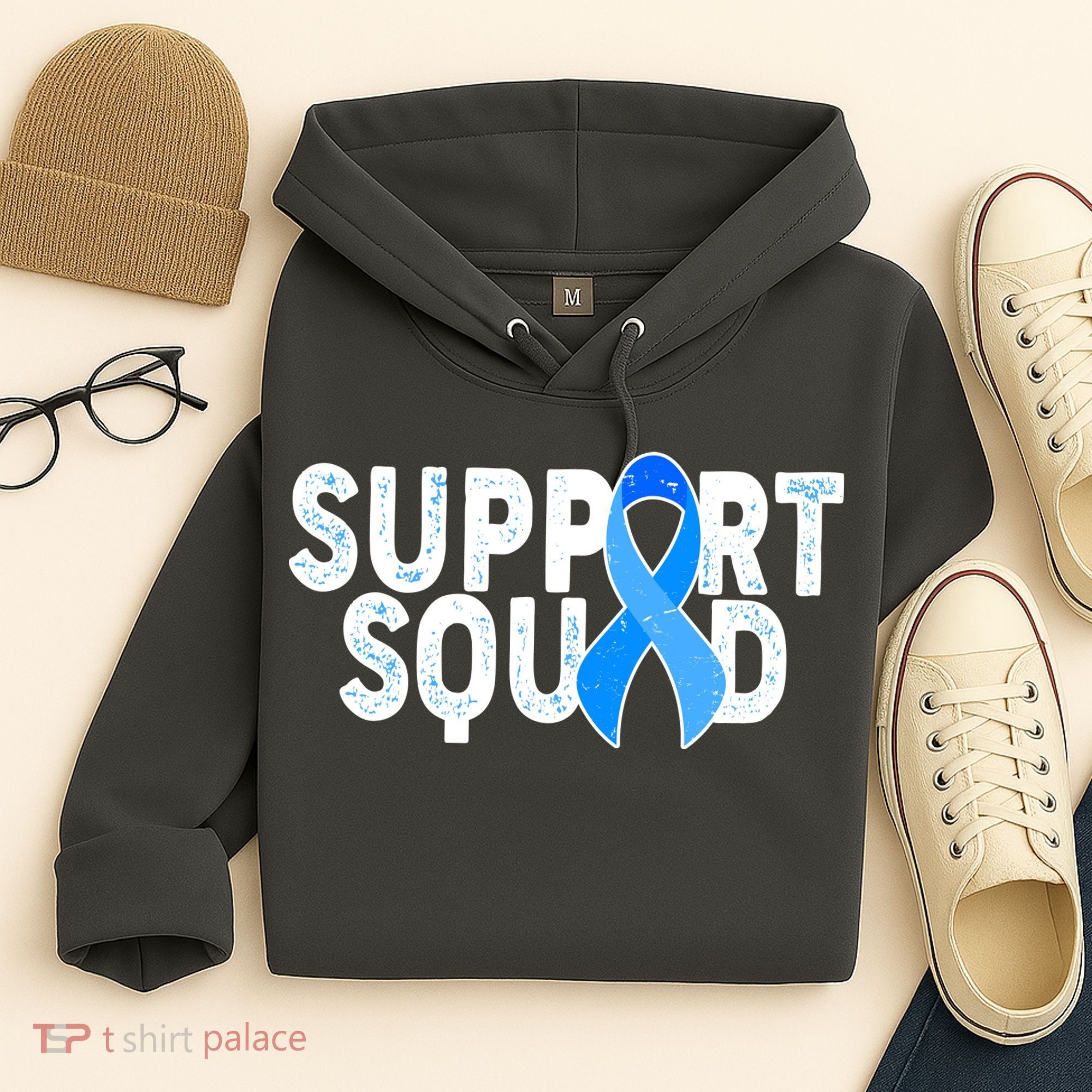 Support Squad Colon Cancer Awareness Blue Ribbon Hoodie