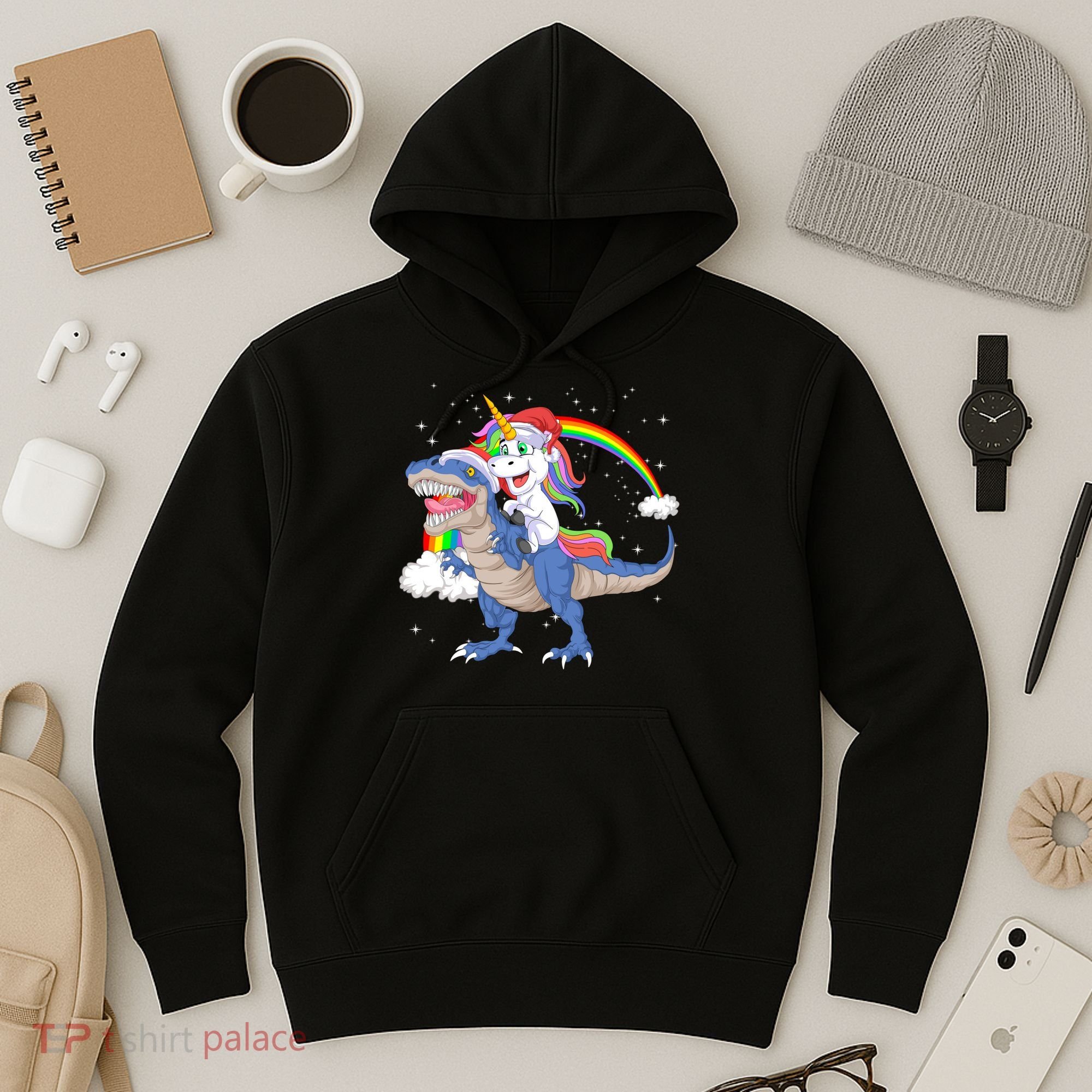 Santa Unicorn Riding Dinosaur Hoodie