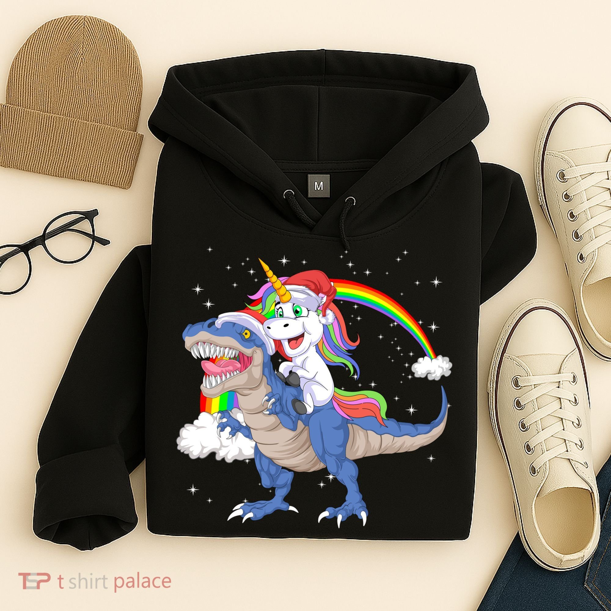 Santa Unicorn Riding Dinosaur Hoodie