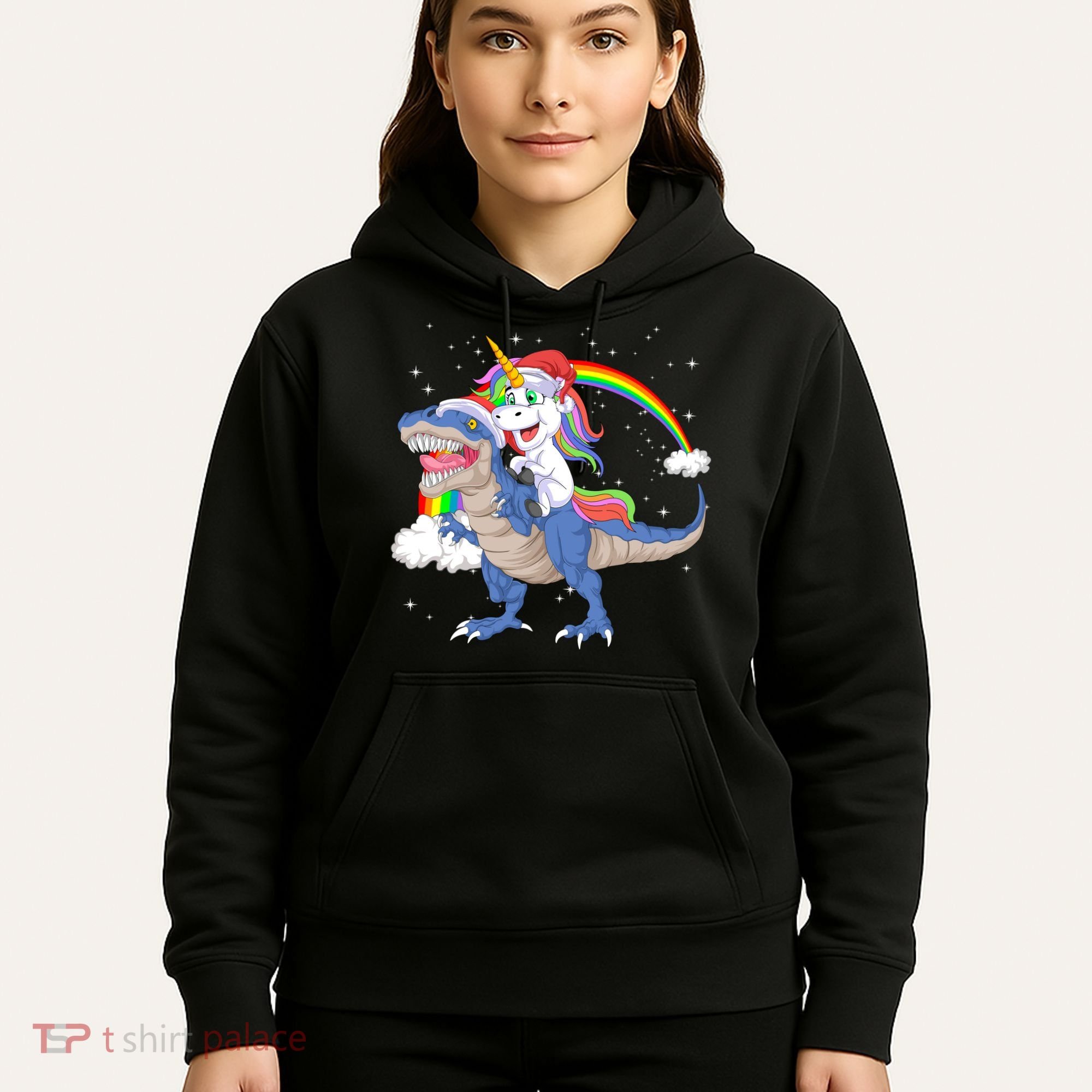 Santa Unicorn Riding Dinosaur Hoodie