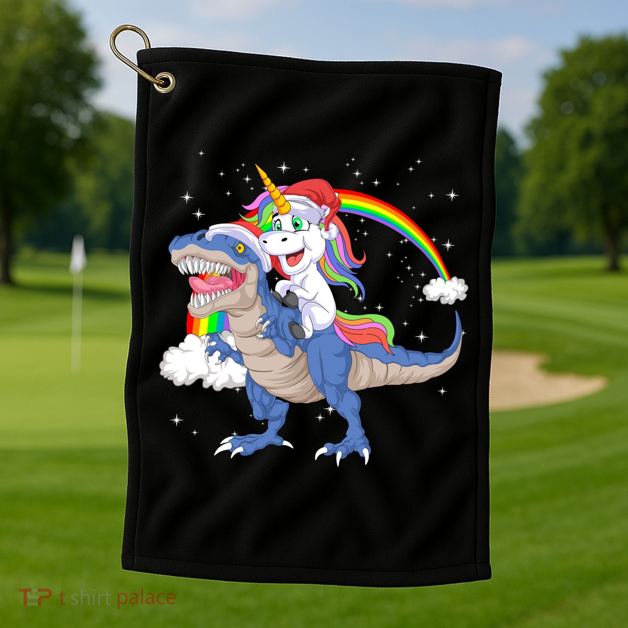 Santa Unicorn Riding Dinosaur Golf Towel