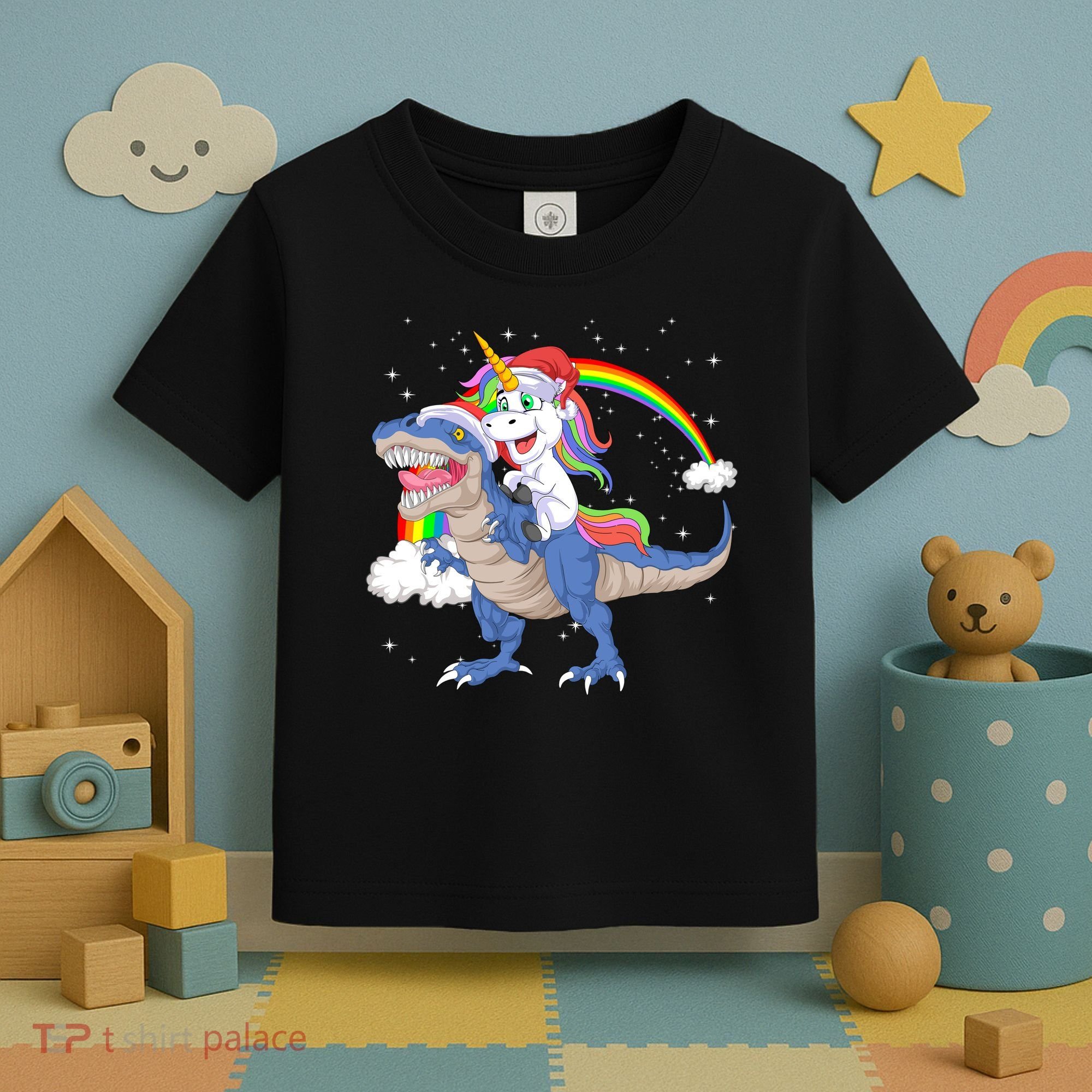 Santa Unicorn Riding Dinosaur Toddler T-Shirt