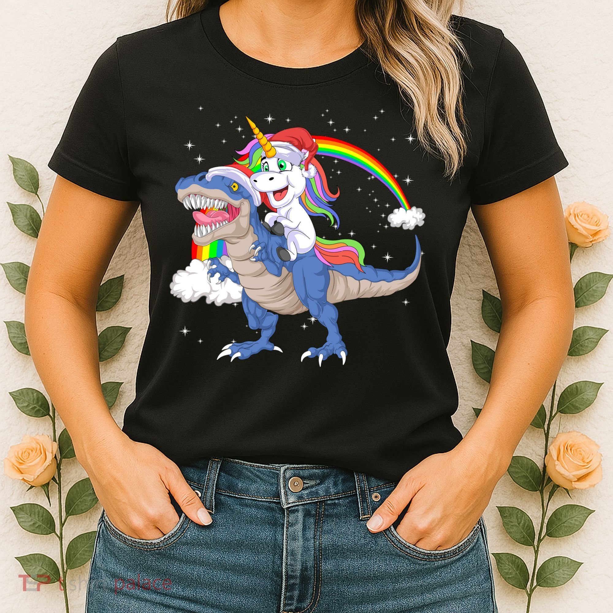 Santa Unicorn Riding Dinosaur Women's T-Shirt