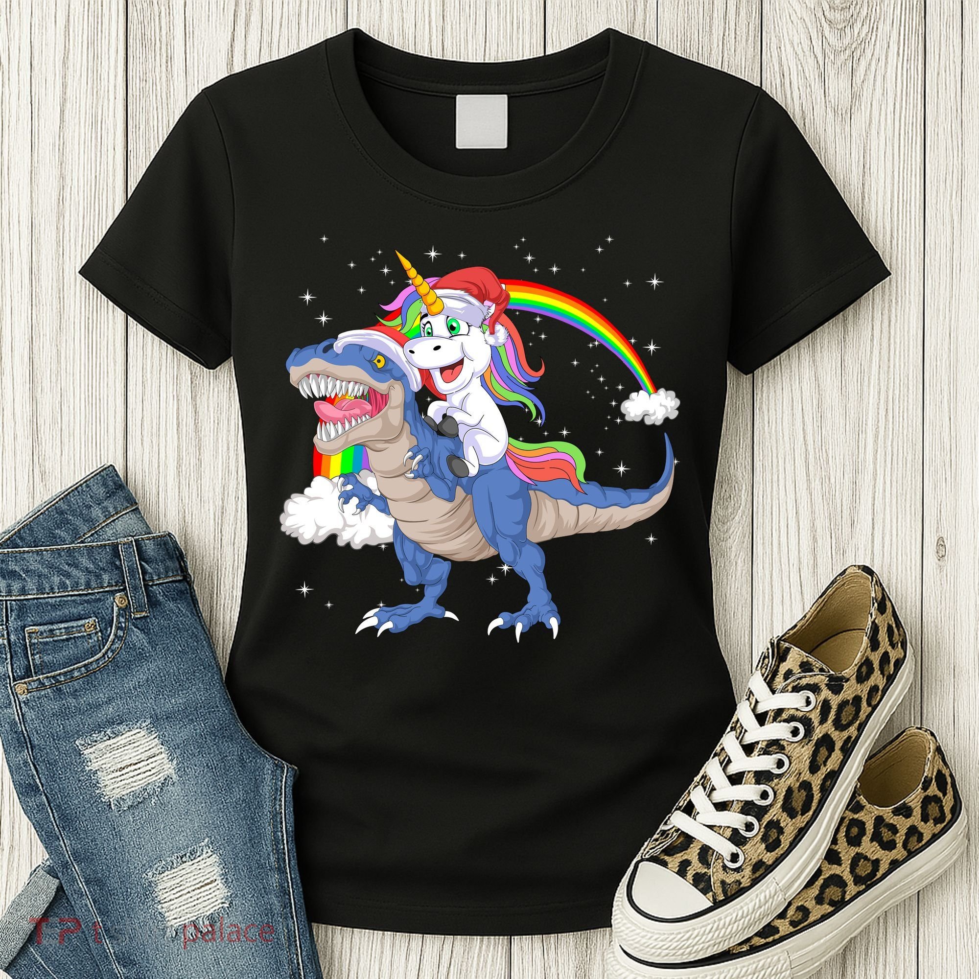 Santa Unicorn Riding Dinosaur Women's T-Shirt