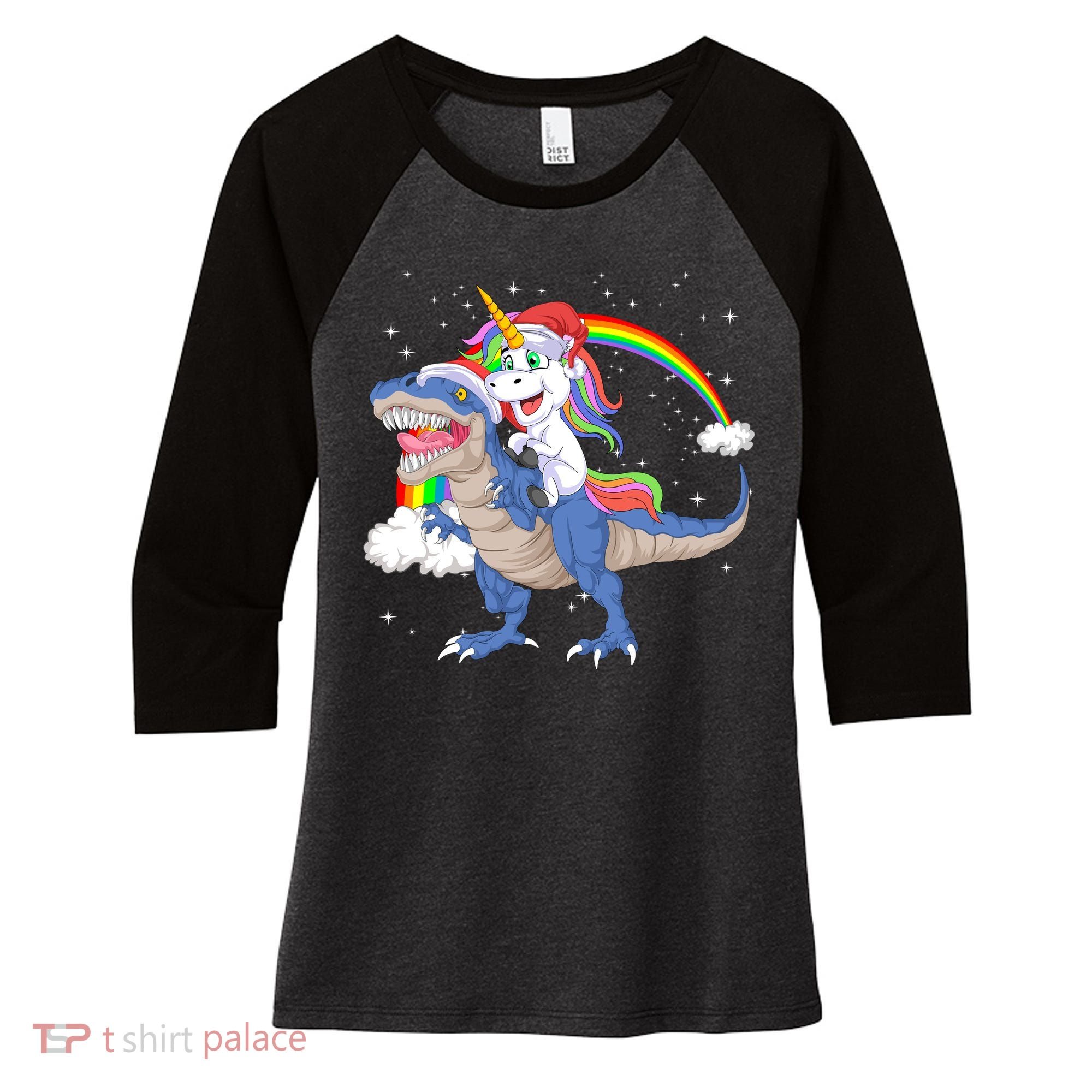 Santa Unicorn Riding Dinosaur Women's Tri-Blend 3/4-Sleeve Raglan Shirt