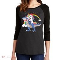 Santa Unicorn Riding Dinosaur Women's Tri-Blend 3/4-Sleeve Raglan Shirt thumb 2