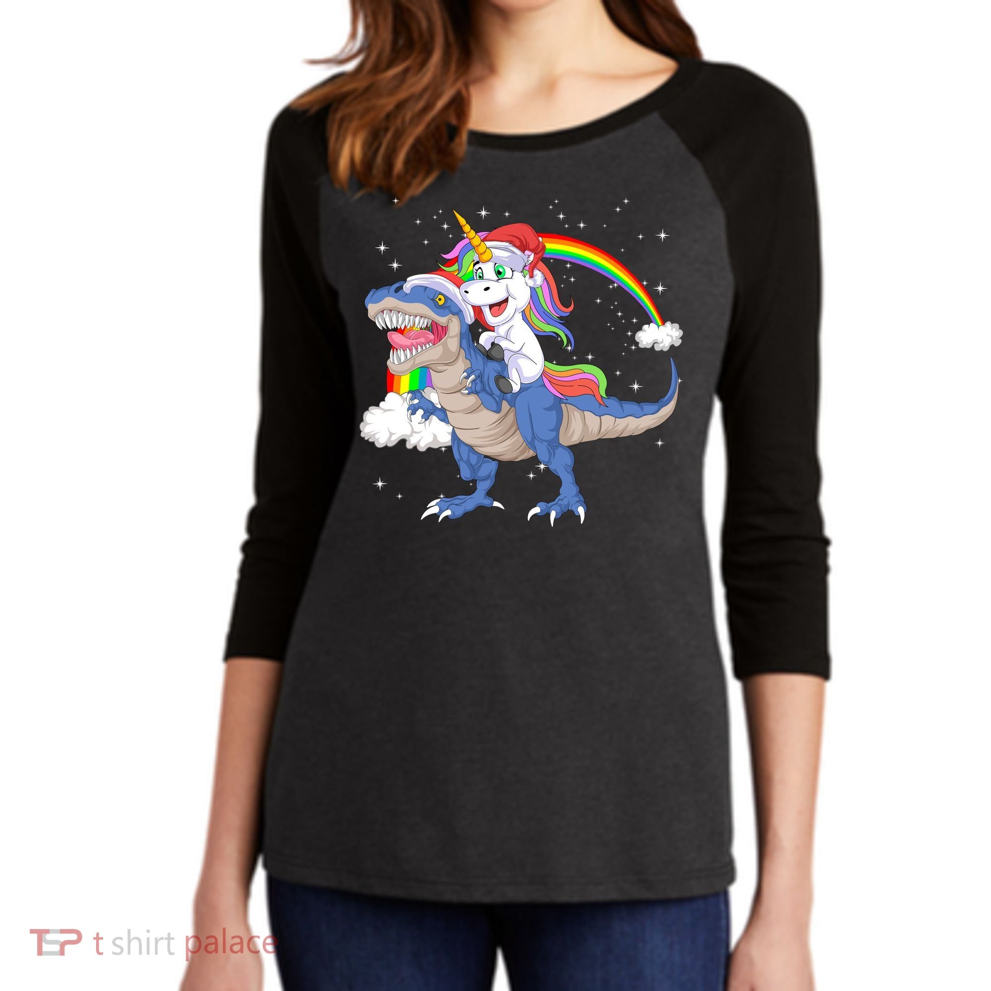 Santa Unicorn Riding Dinosaur Women's Tri-Blend 3/4-Sleeve Raglan Shirt