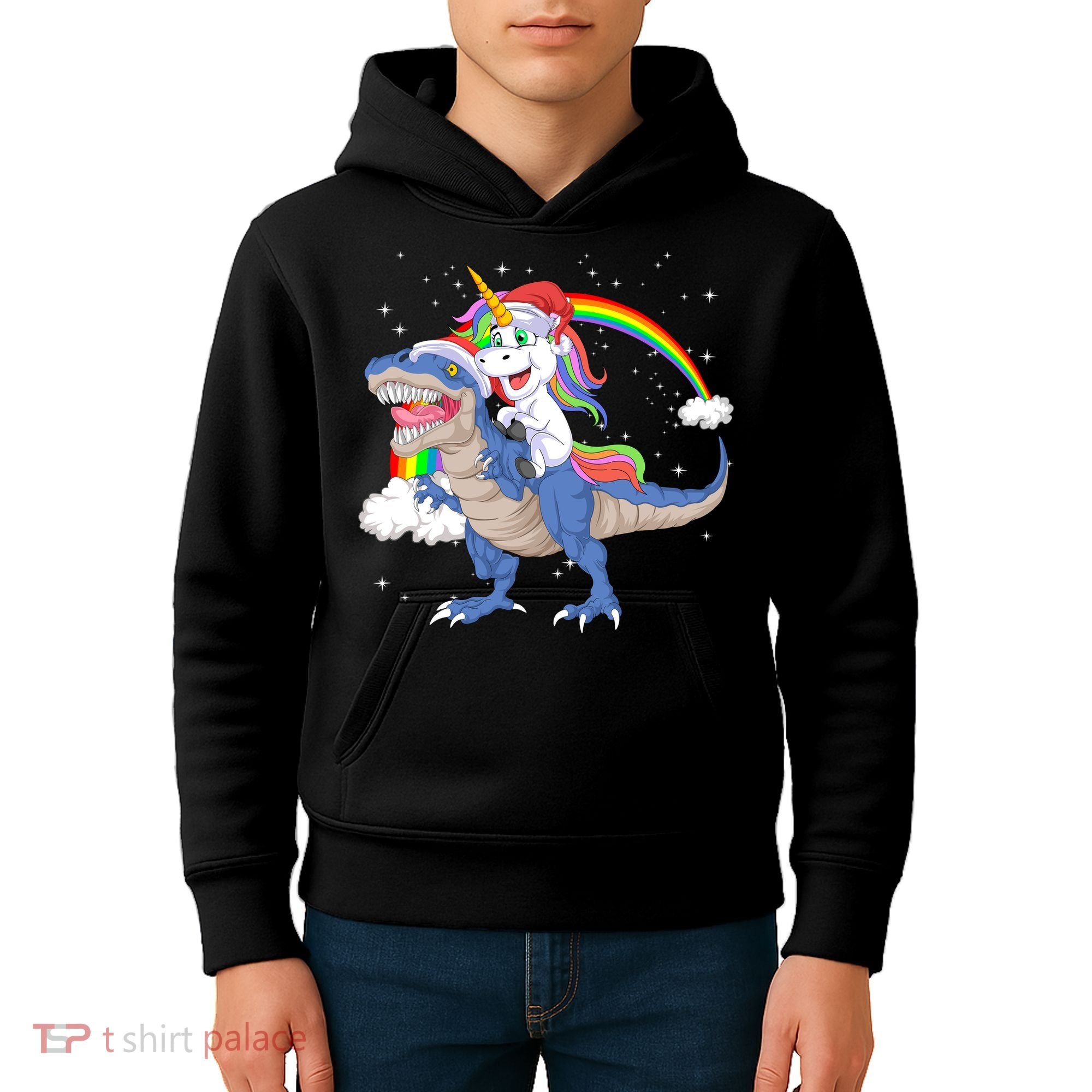 Santa Unicorn Riding Dinosaur Kids Hoodie
