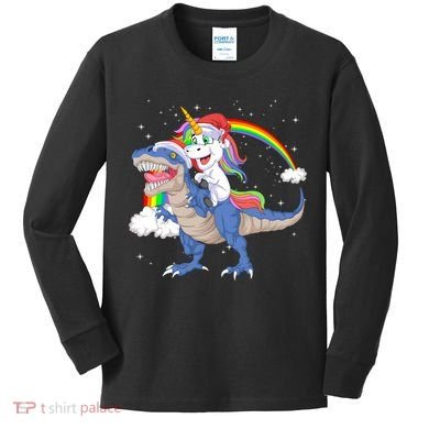 Santa Unicorn Riding Dinosaur Kids Long Sleeve Shirt