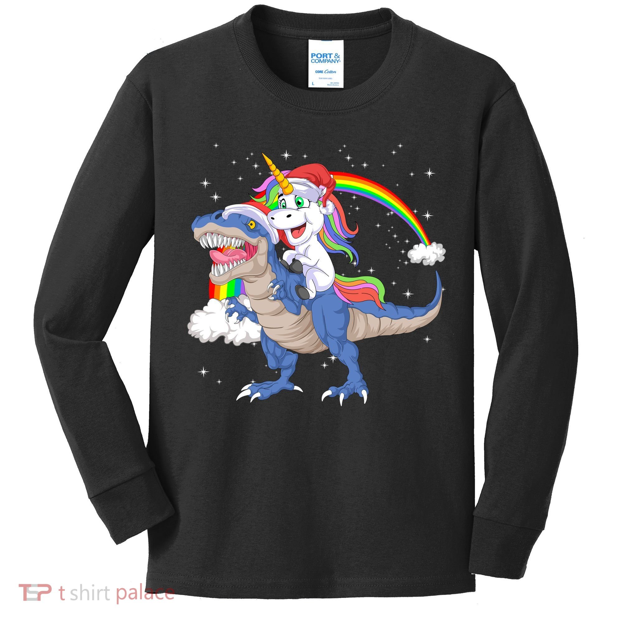 Santa Unicorn Riding Dinosaur Kids Long Sleeve Shirt