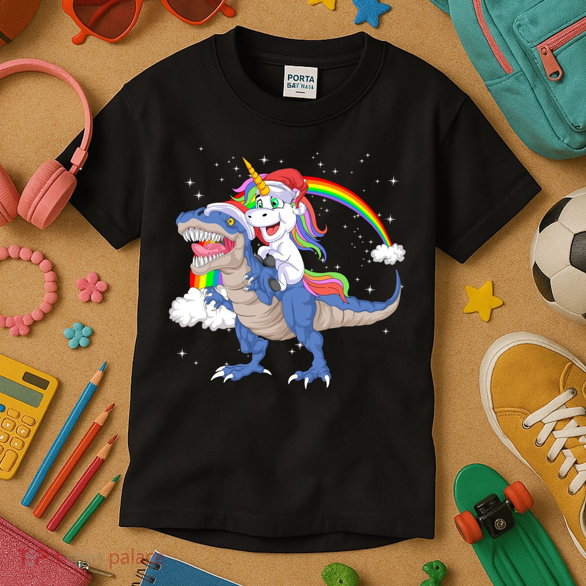 Santa Unicorn Riding Dinosaur Kids T-Shirt