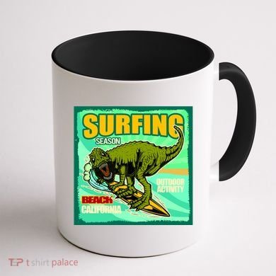 Surfing T-Rex Coffee Mug back