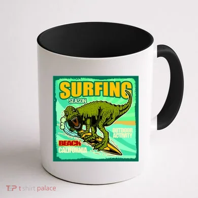Surfing T-Rex Coffee Mug back