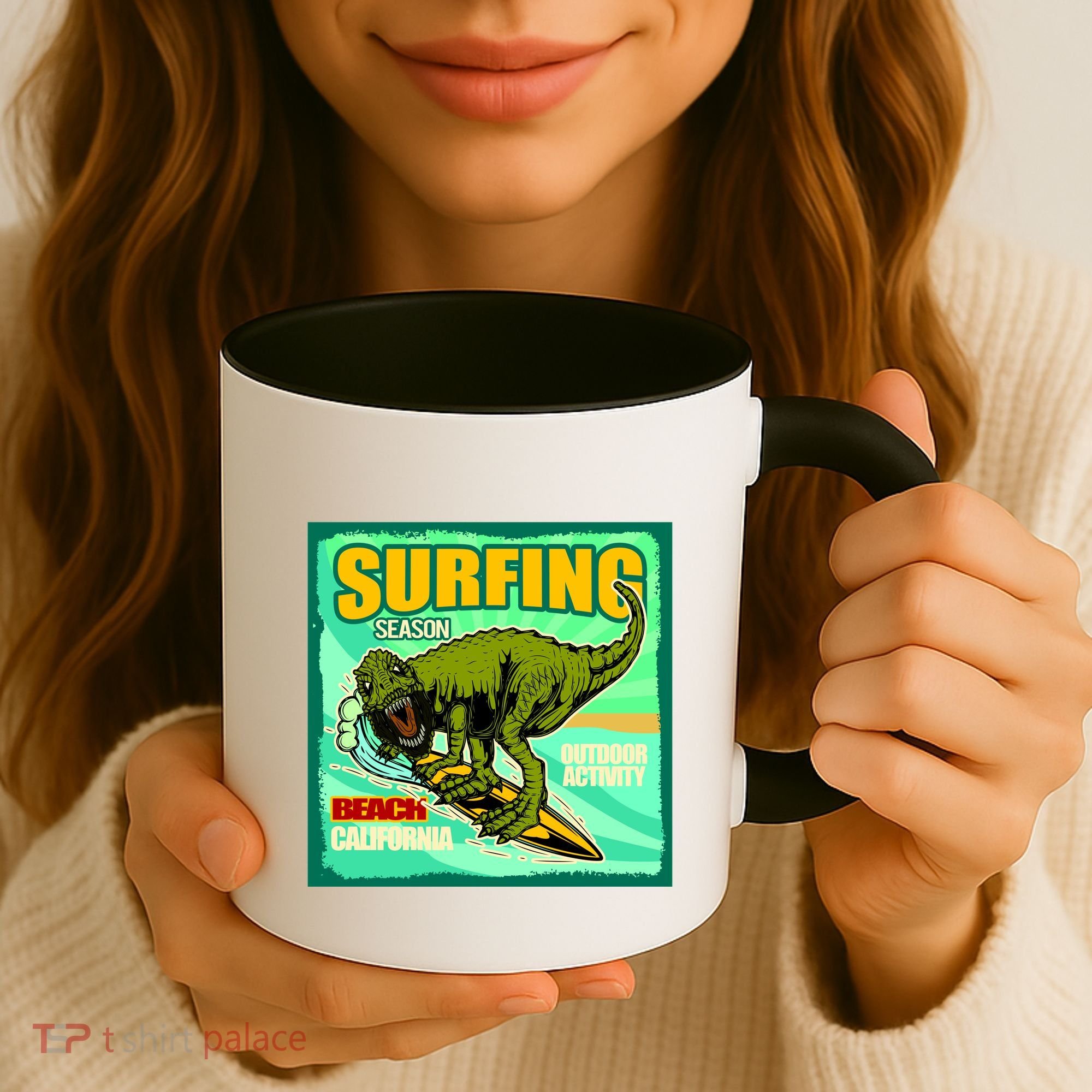 Surfing T-Rex Coffee Mug
