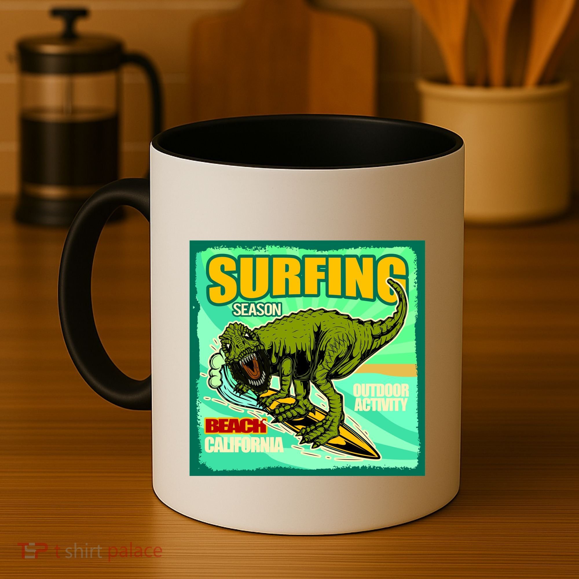 Surfing T-Rex Coffee Mug