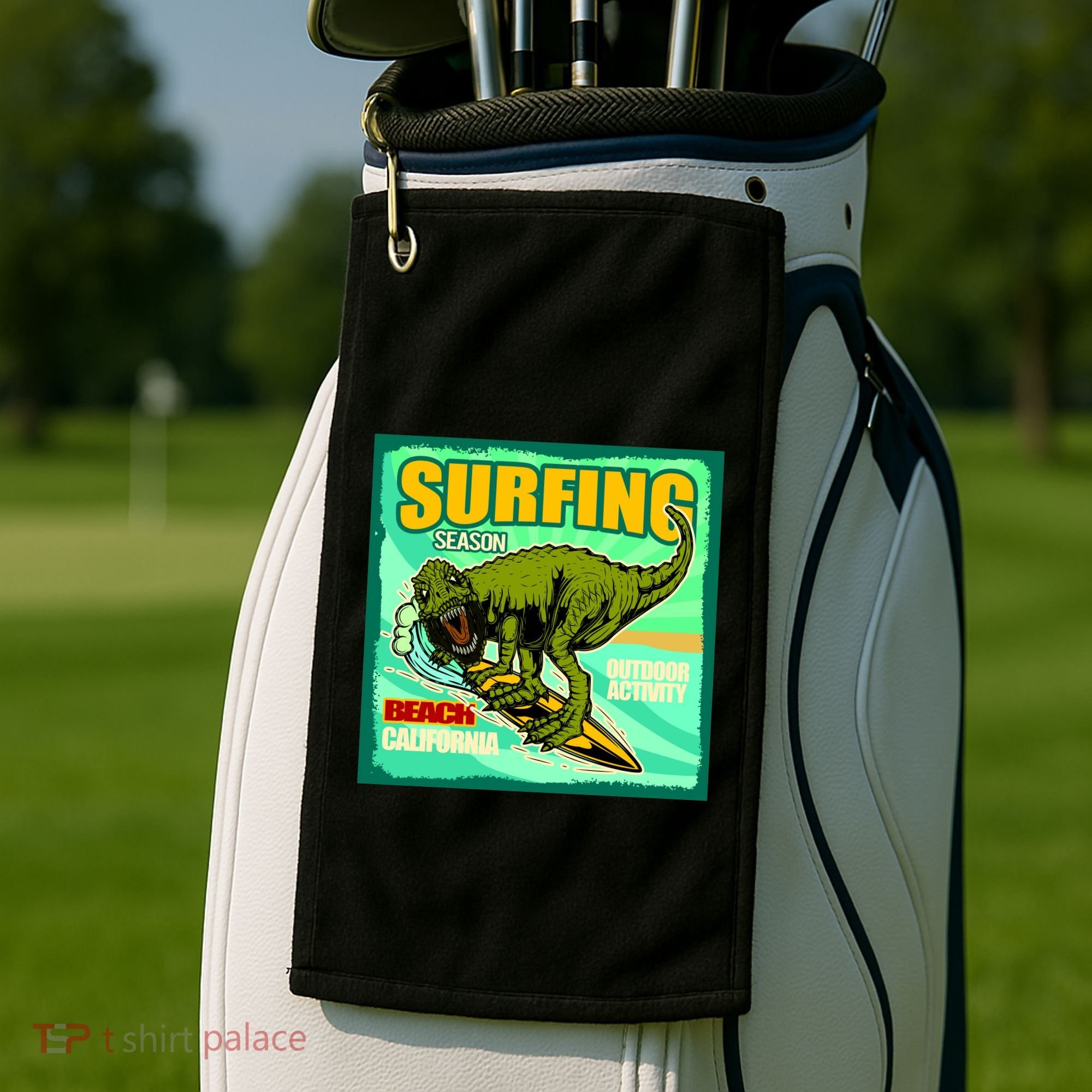 Surfing T-Rex Golf Towel