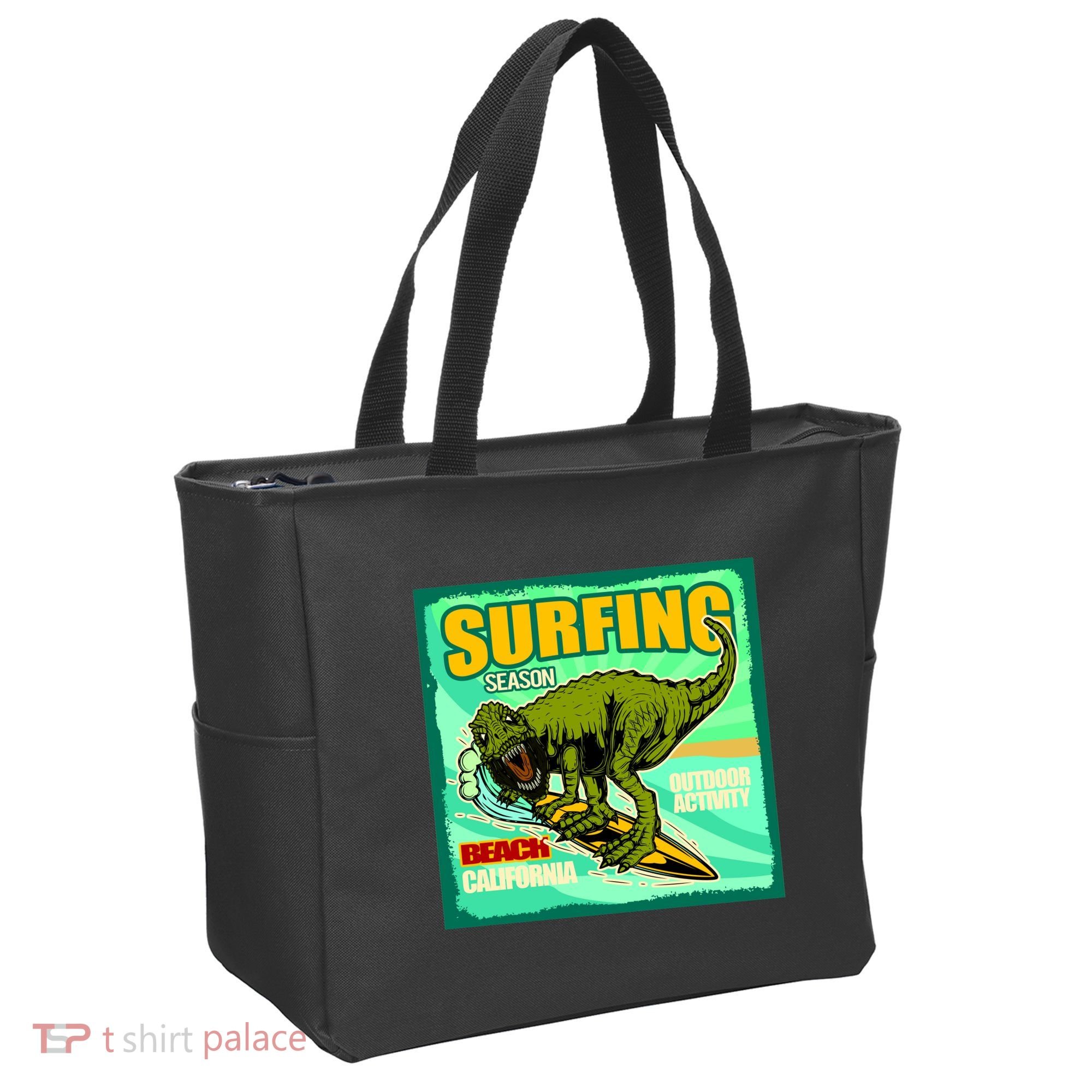 Surfing T-Rex Tote Bag