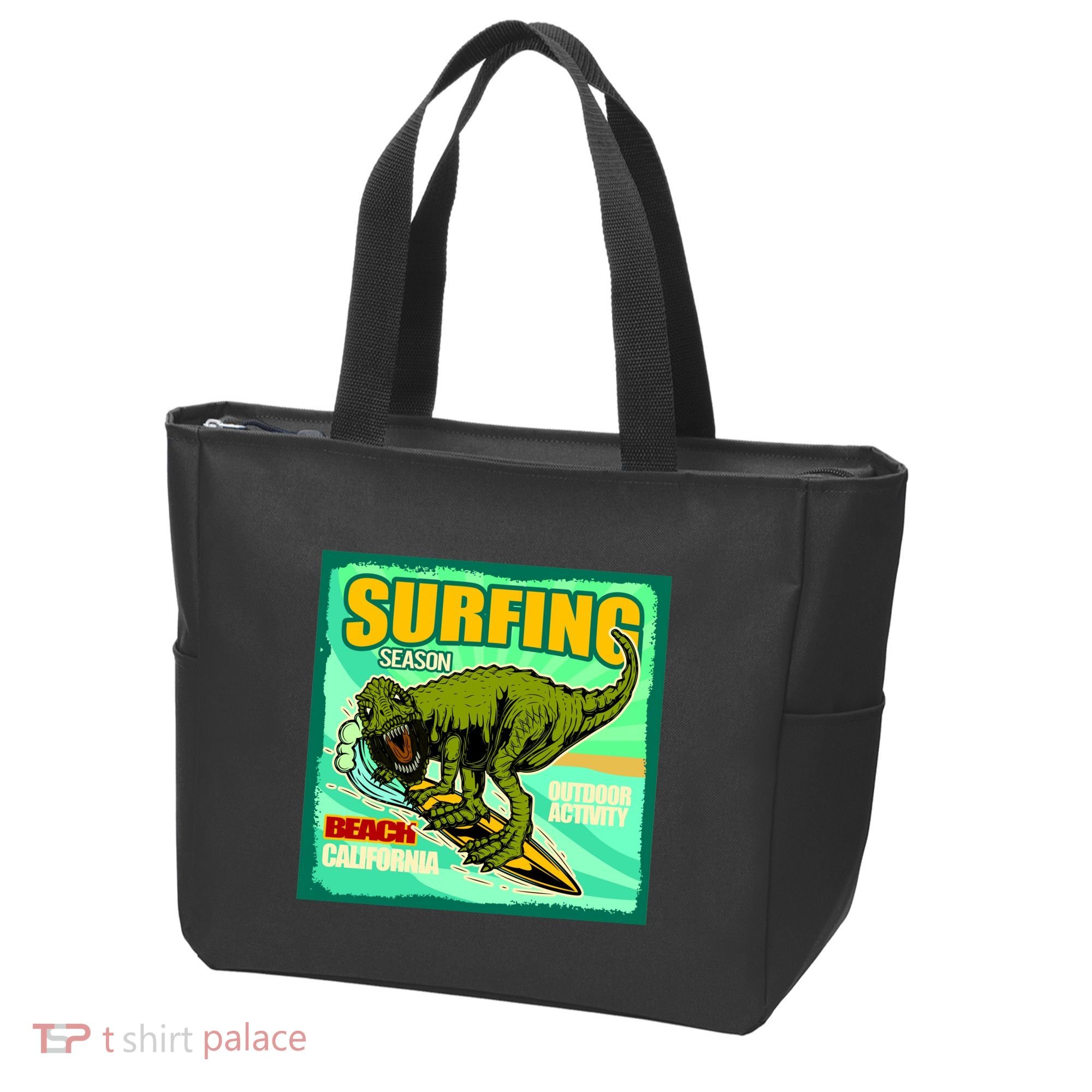Surfing T-Rex Tote Bag