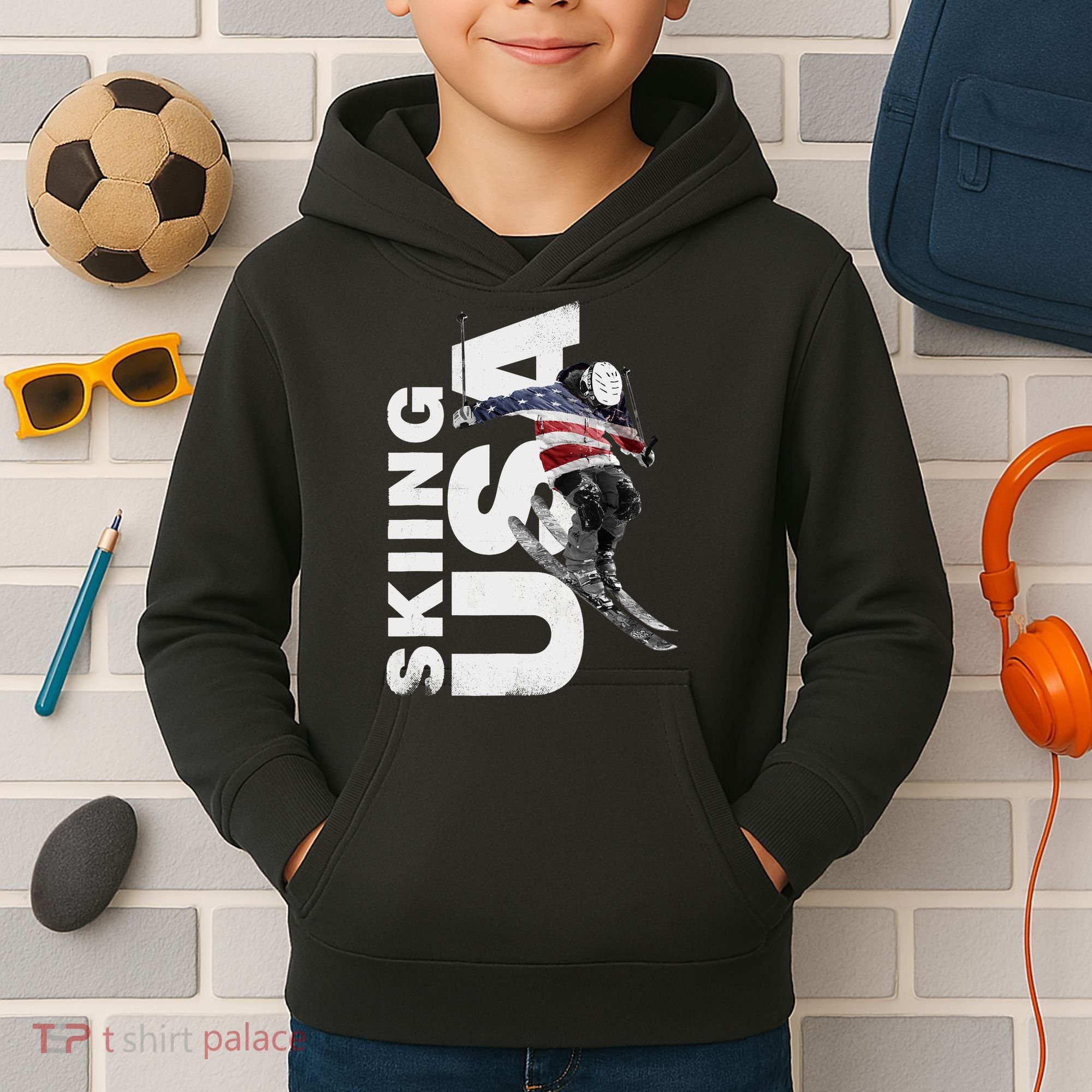 Skiing USA Support The Team USA Flag Ski Kids Hoodie